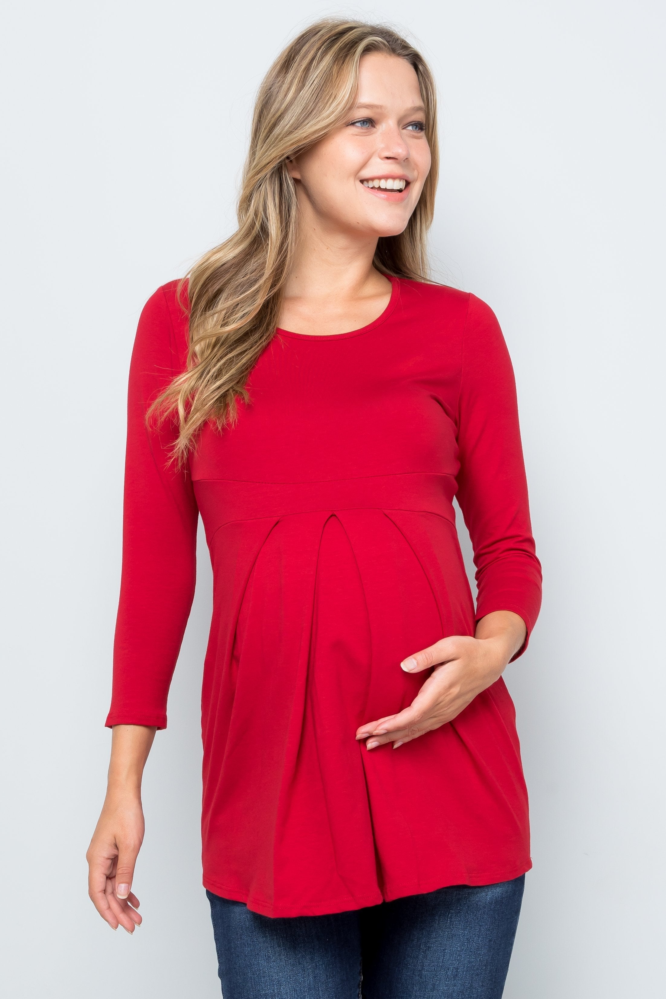 Glampunch Women's Maternity Tops Short & 3/4 Sleeve Round Neck Front Pleat Peplum Tunic Top Pregnancy Shirts, A2 Wine Red, Medium