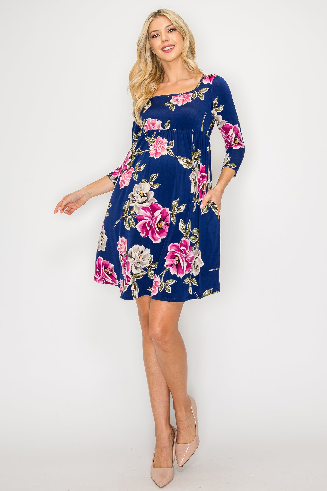 Layla Square Neck Long Sleeve Dress W/Side Pocket