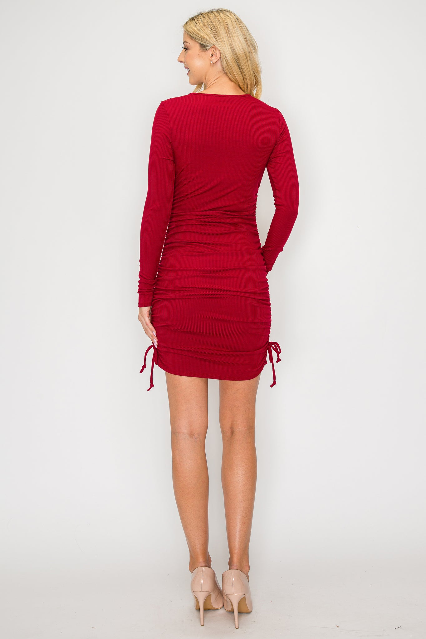 Aisha Ribbed Long Sleeve Dress W/Side Strings