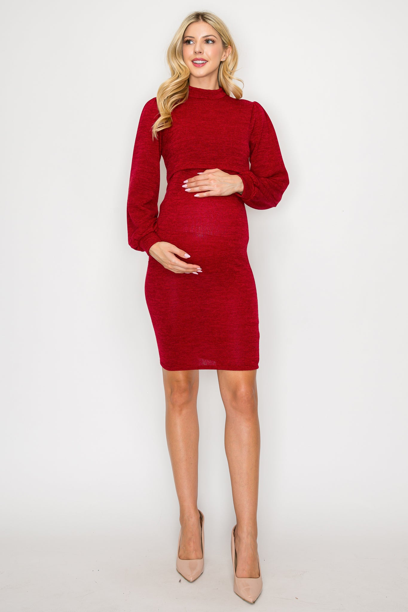 Scarlett Long Puff Sleeve Mock Neck Dress W/Side Ruched