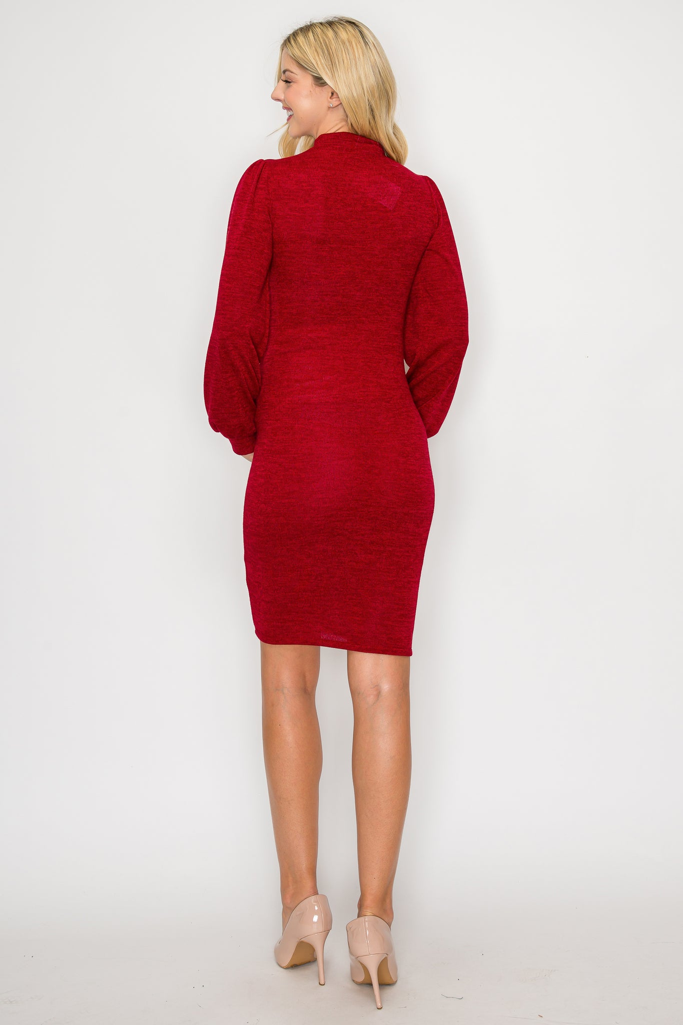 Scarlett Long Puff Sleeve Mock Neck Dress W/Side Ruched