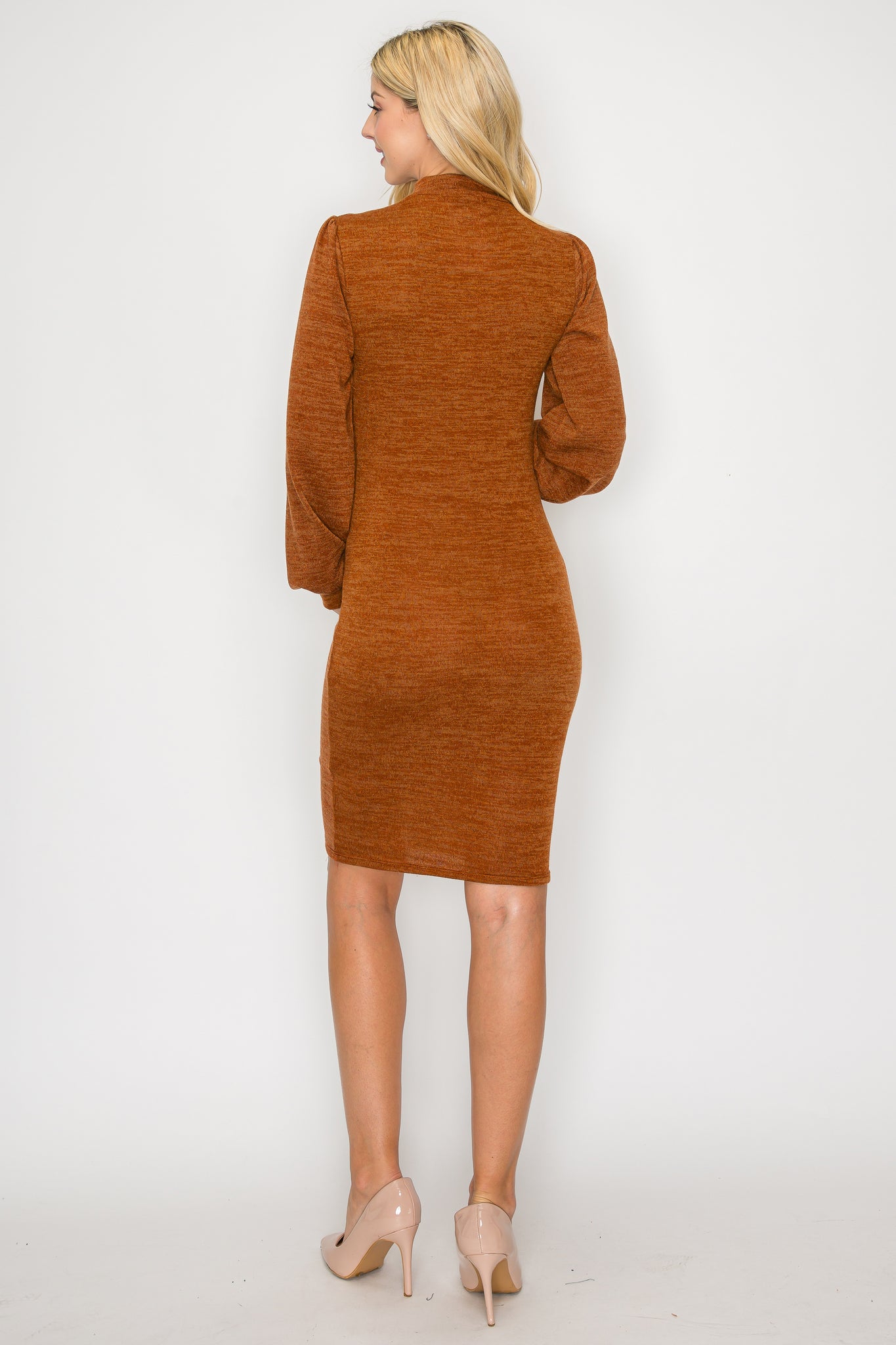 Scarlett Long Puff Sleeve Mock Neck Dress W/Side Ruched