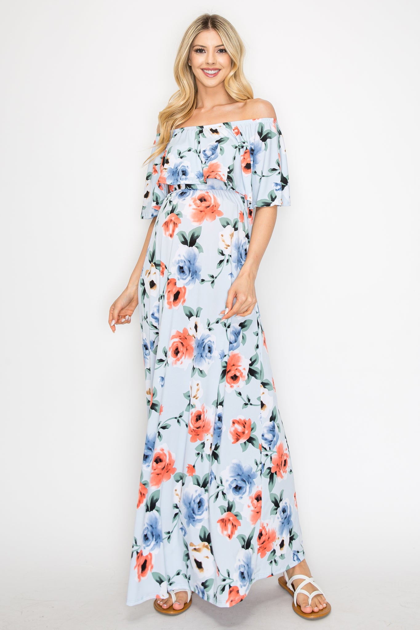 My Bump Floral Off Shoulder Ruffle Neck Maxi Maternity Dress