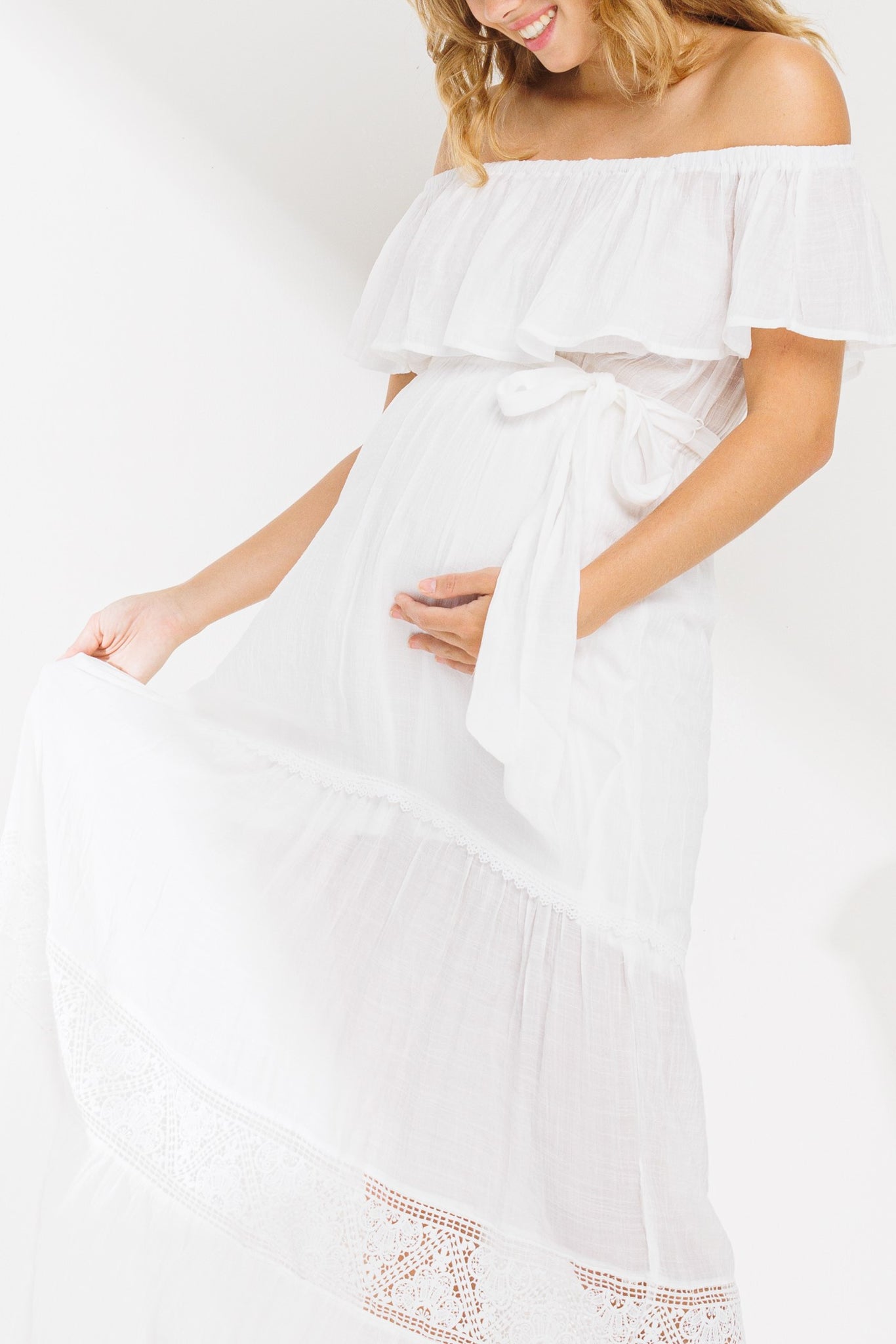 Juniper Woven Off Shoulder Lace Maxi Dress