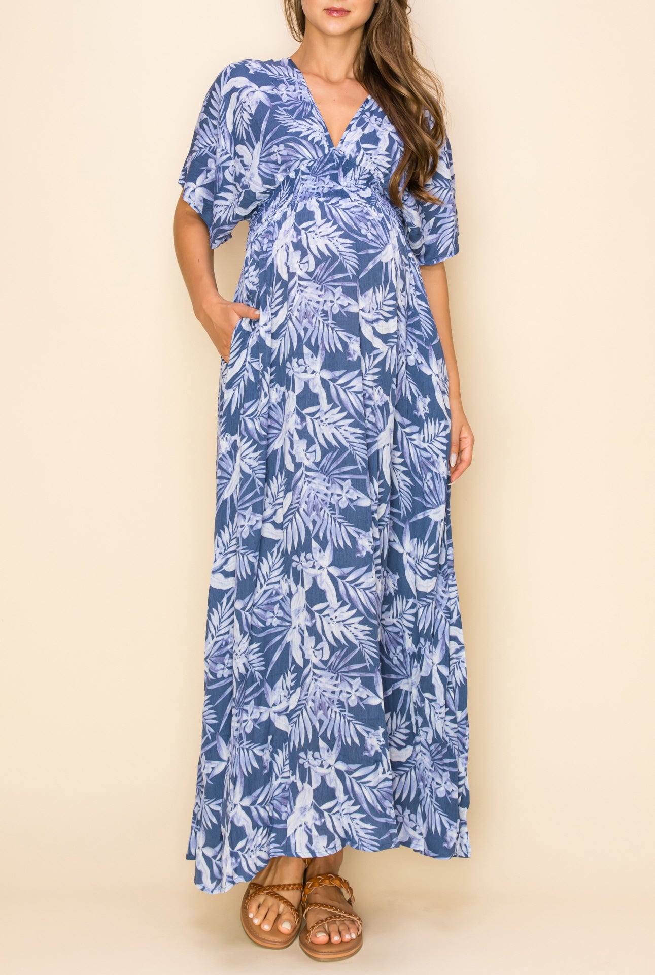 Annabelle Floral V Neck Dolman Sleeve Maxi Dress with Pockets