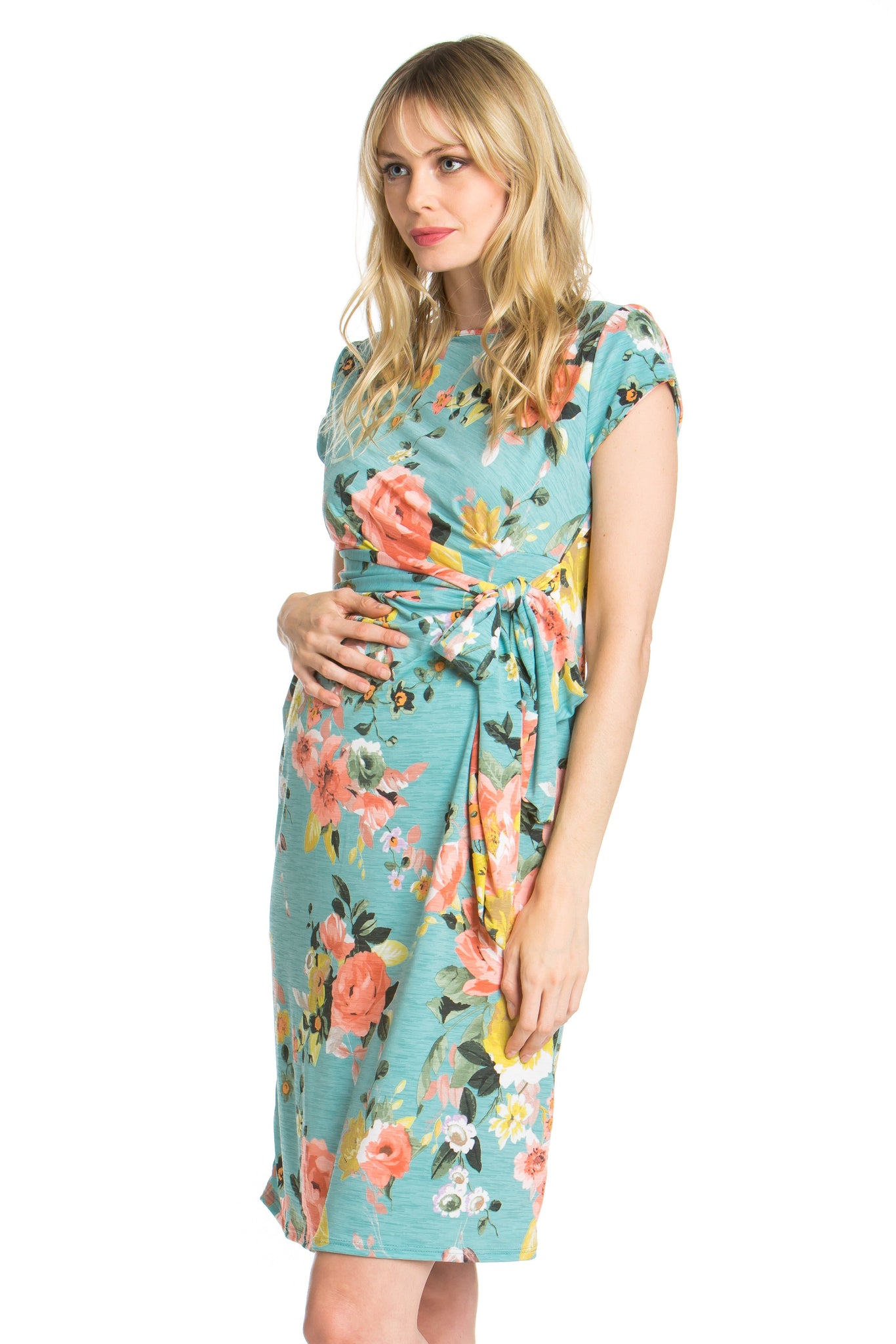 maternity pregnancy baby shower floral relaxed short sleeve round neck midi summer cocktail bow tie dress