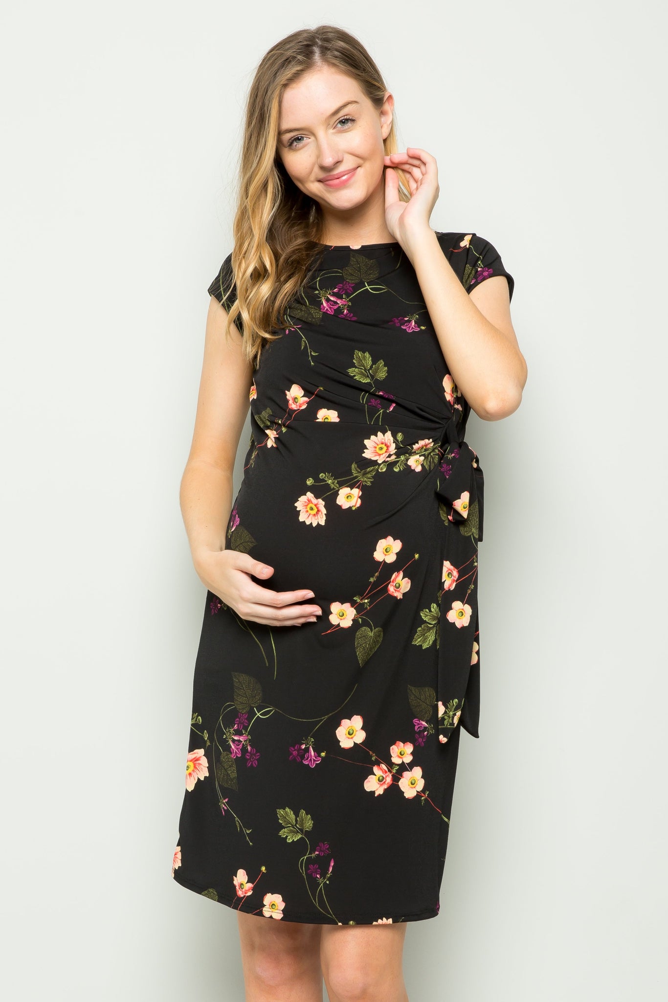 maternity pregnancy baby shower floral relaxed short sleeve round neck midi summer cocktail bow tie dress