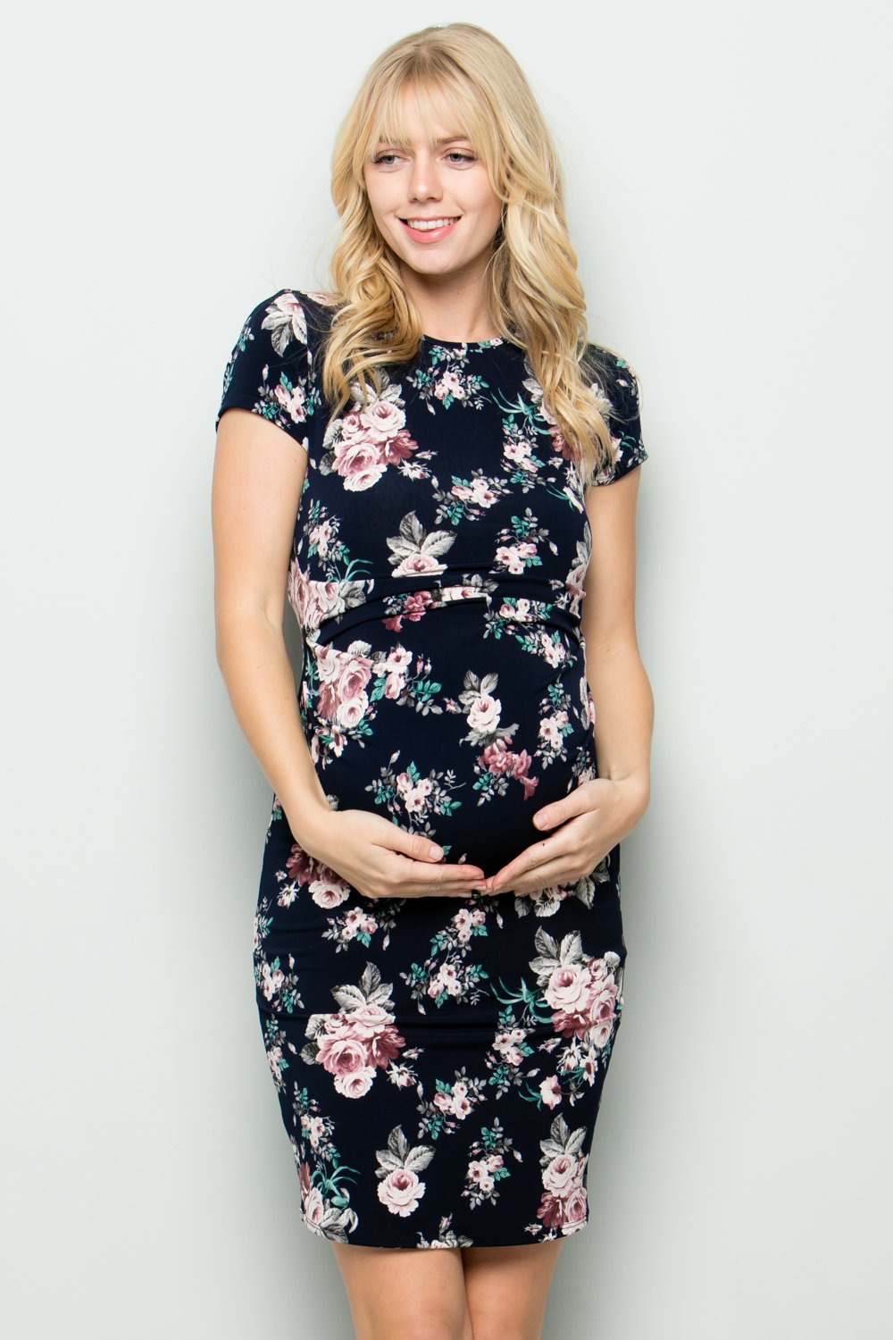 maternity pregnancy baby shower floral short cap sleeve round neck crewneck  above knee summer cocktail bodycon dress