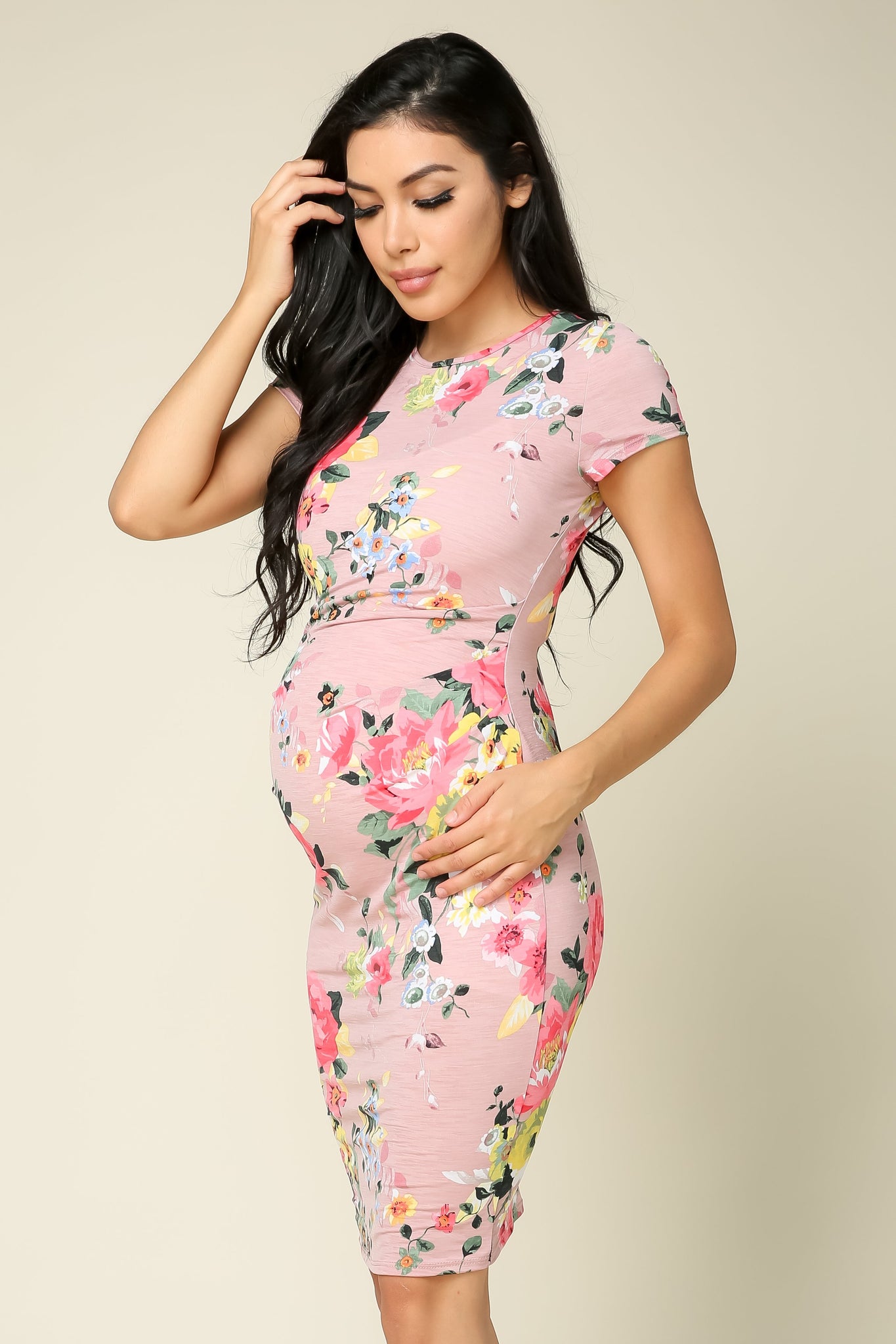 maternity pregnancy baby shower floral short cap sleeve round neck crewneck  above knee summer cocktail bodycon dress