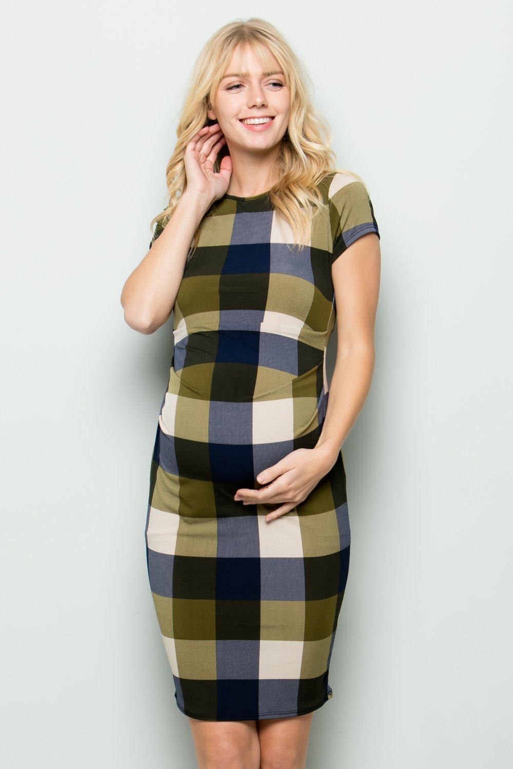 maternity pregnancy baby shower plaid short cap sleeve round neck crewneck  above knee summer cocktail bodycon dress