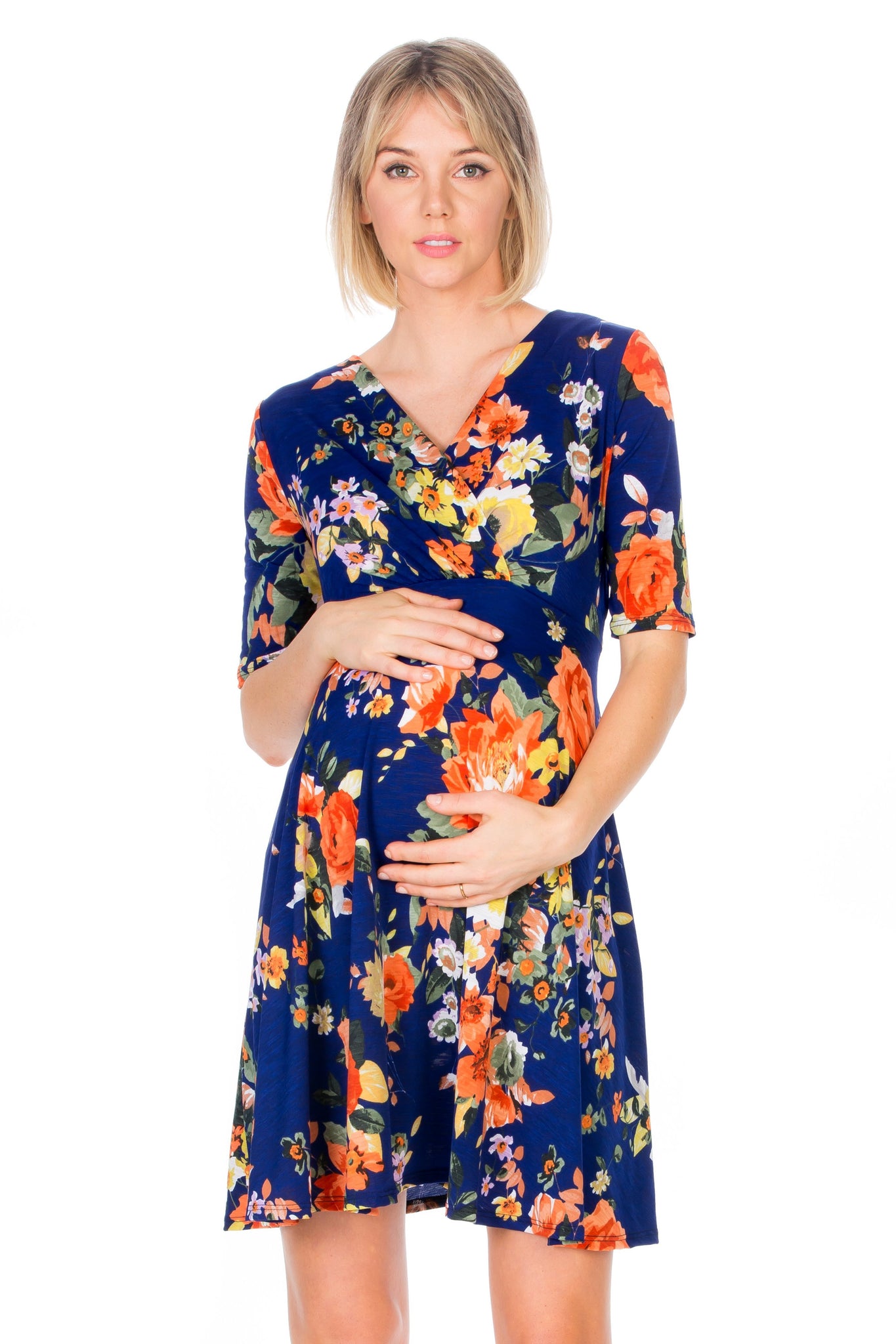 maternity pregnancy baby shower floral fit flare short sleeve round neck midi summer cocktail bodycon dress