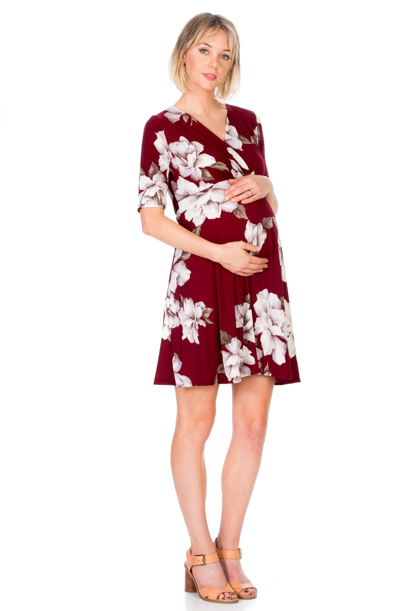 maternity pregnancy baby shower floral fit flare short sleeve round neck midi summer cocktail bodycon dress