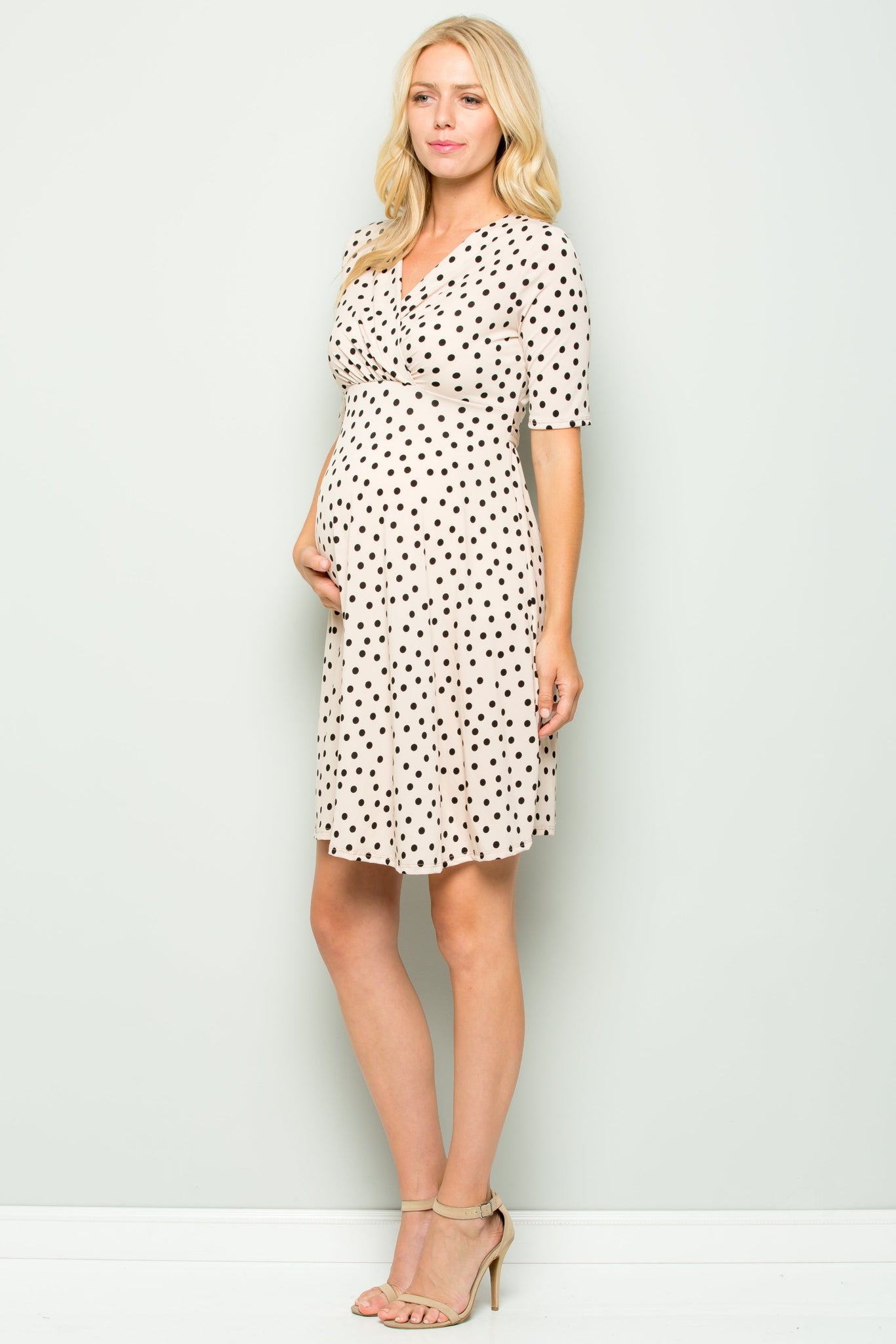 maternity pregnancy baby shower polka dot fit flare short sleeve round neck midi summer cocktail bodycon dress