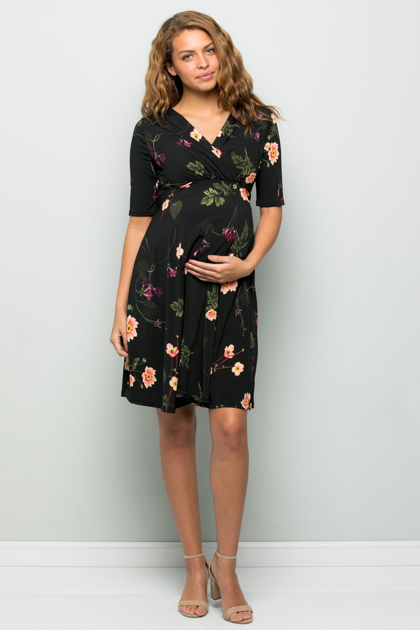 maternity pregnancy baby shower floral fit flare short sleeve round neck midi summer cocktail bodycon dress