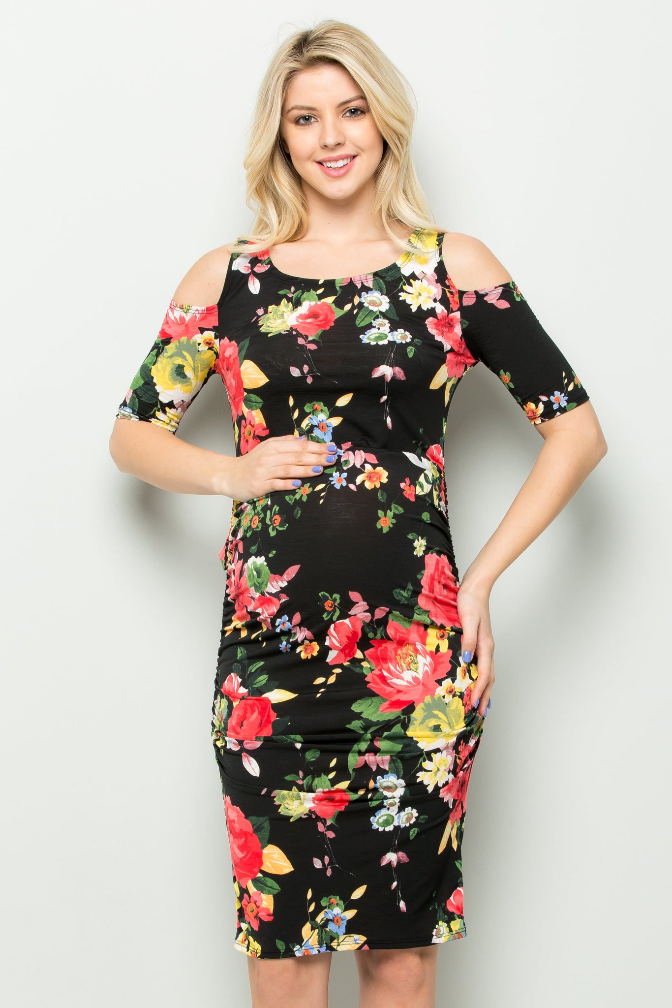 maternity pregnancy baby shower floral cold shoulder short sleeve round scoope neck knee summer cocktail bodycon dress