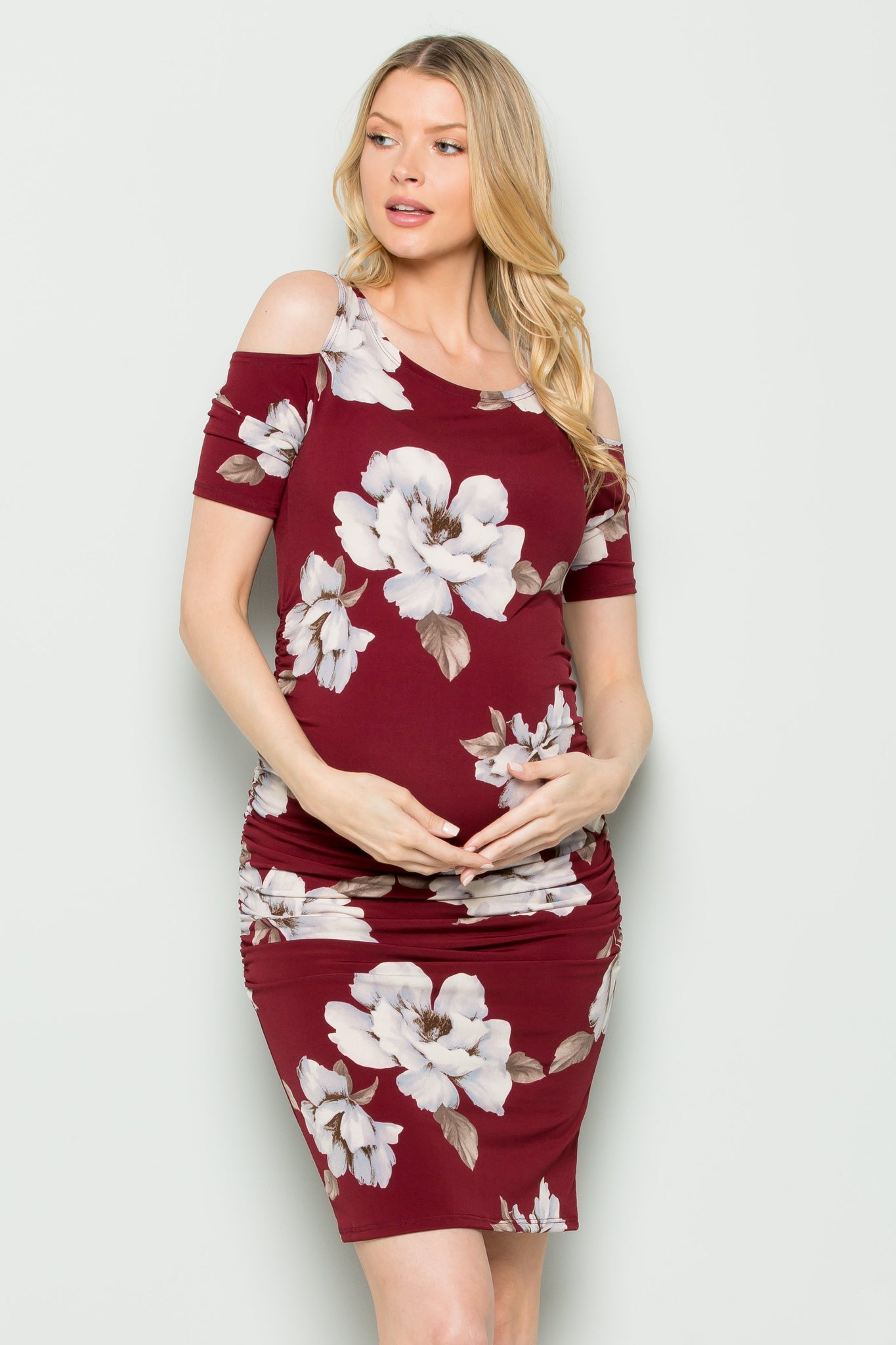 maternity pregnancy baby shower floral cold shoulder short sleeve round scoope neck knee summer cocktail bodycon dress