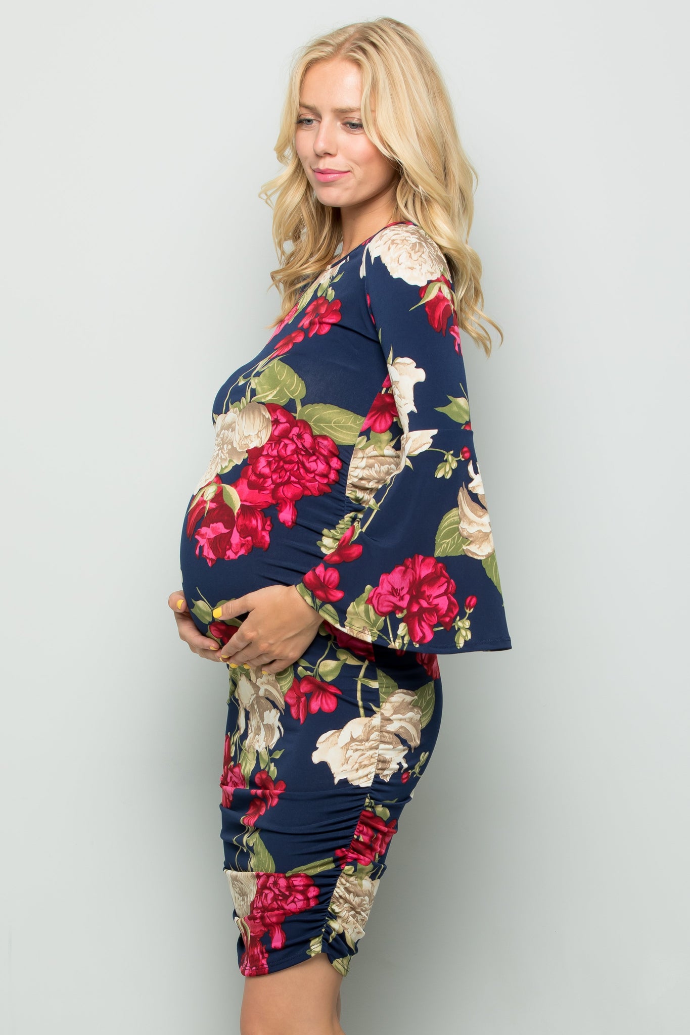 maternity pregnancy baby shower floral bell long sleeve round neck crewneck knee summer cocktail bodycon dress