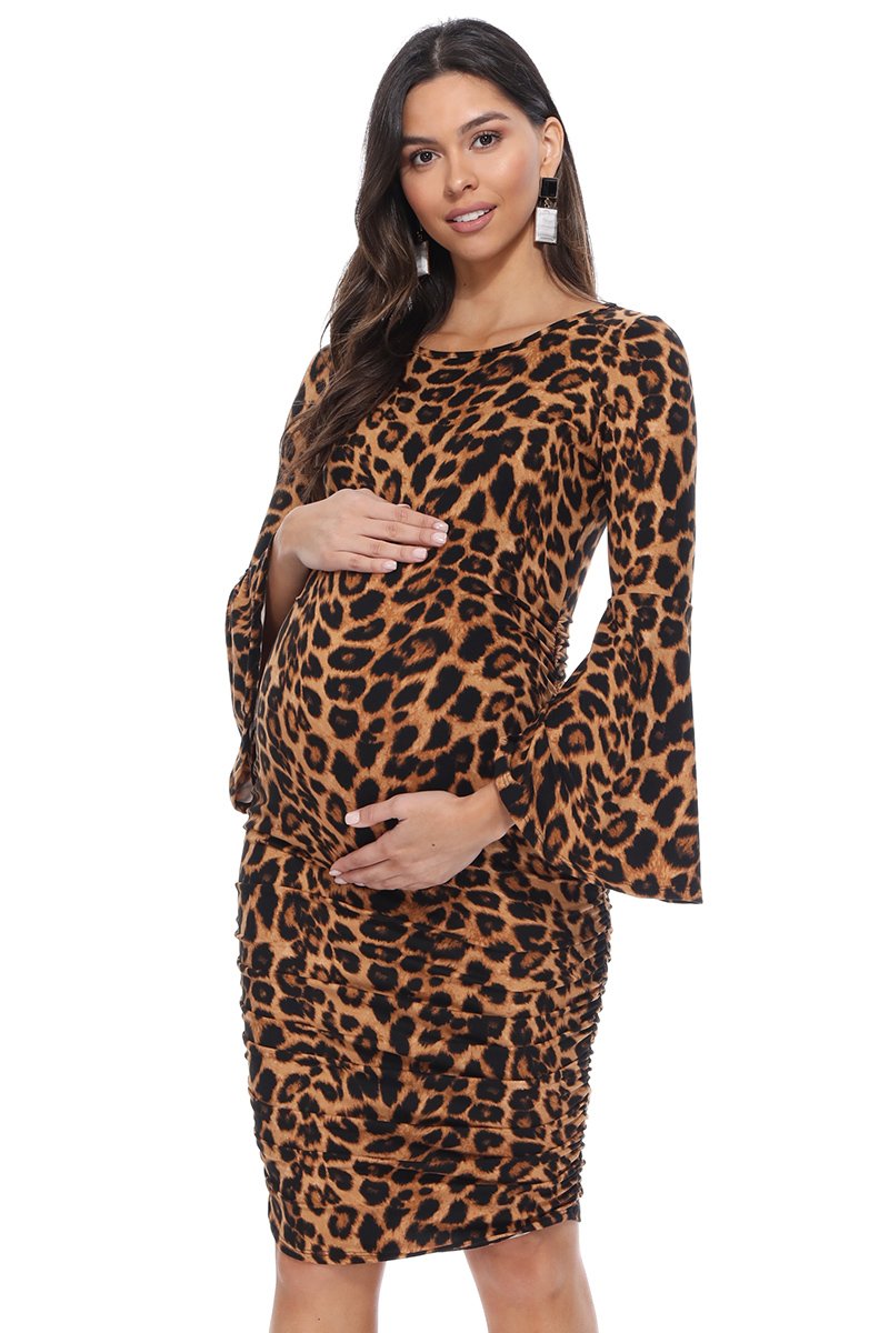 maternity pregnancy baby shower leopard animal print bell long sleeve round neck crewneck knee summer cocktail bodycon dress