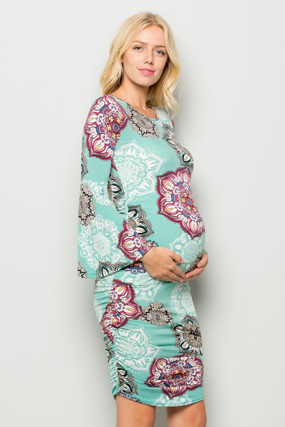 maternity pregnancy baby shower boho bell long sleeve round neck crewneck knee summer cocktail bodycon dress