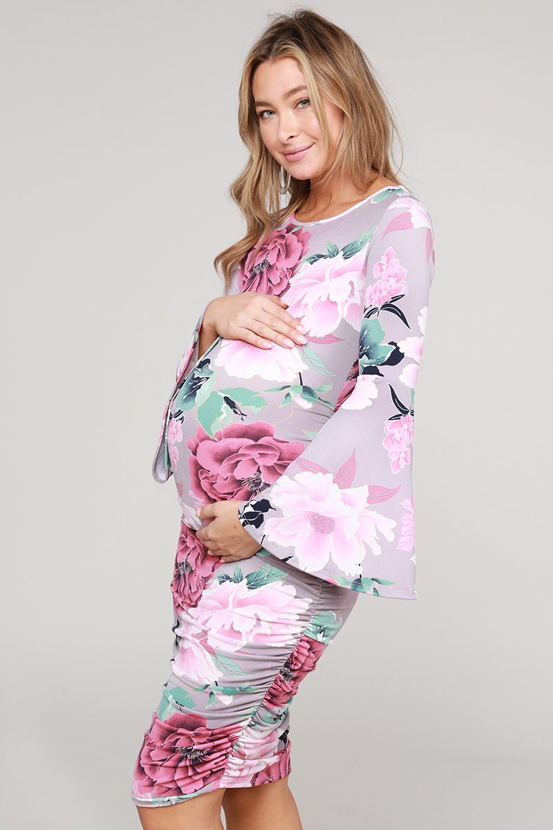 maternity pregnancy baby shower floral bell long sleeve round neck crewneck knee summer cocktail bodycon dress