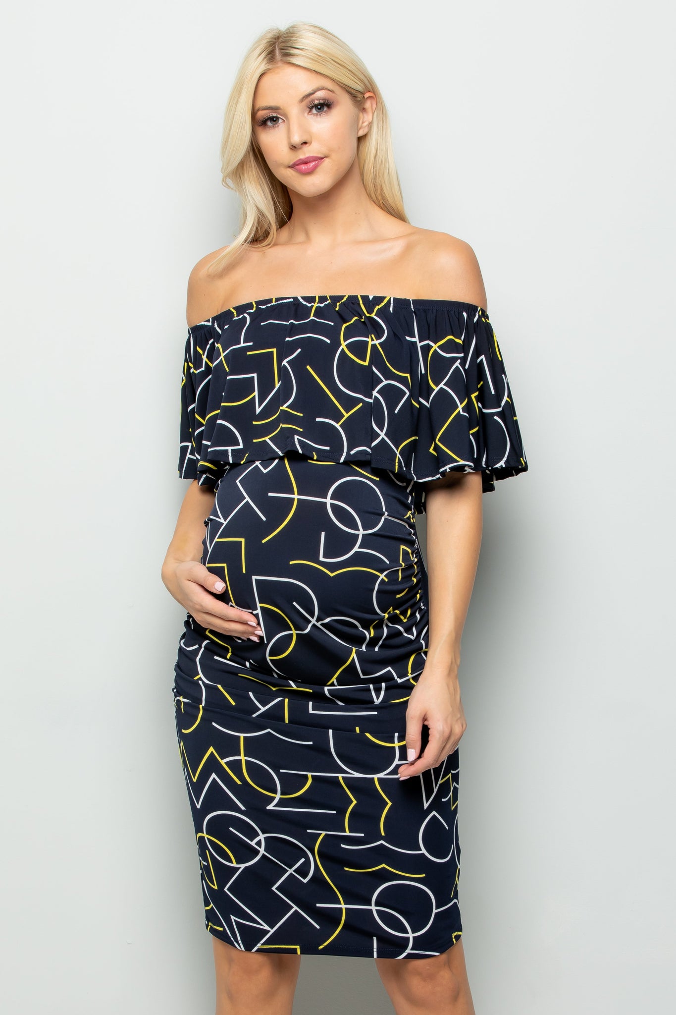 maternity pregnancy baby shower geometrical geo off shoulder ruffle neck above knee summer cocktail bodycon dress
