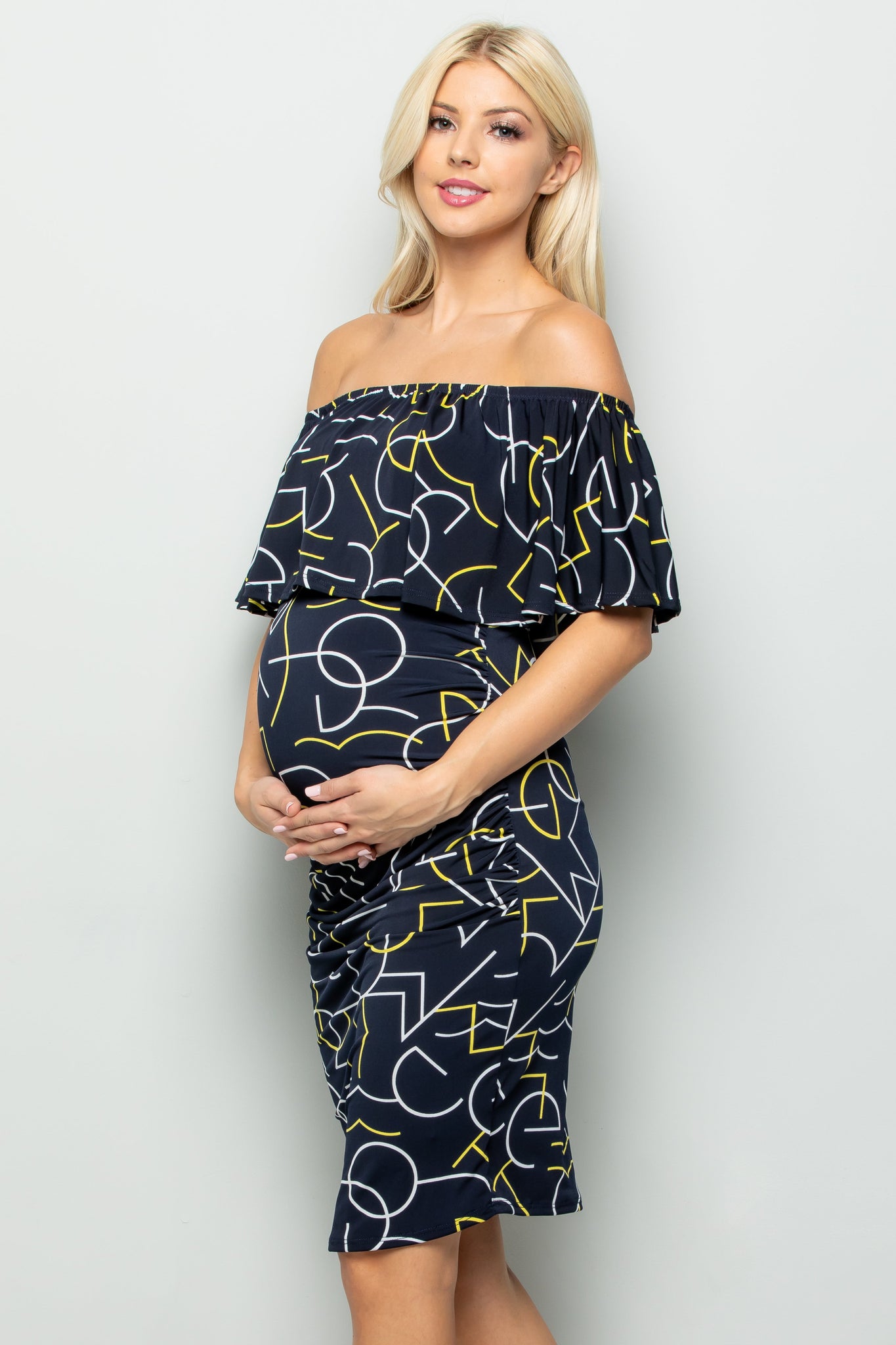 maternity pregnancy baby shower geometrical geo off shoulder ruffle neck above knee summer cocktail bodycon dress