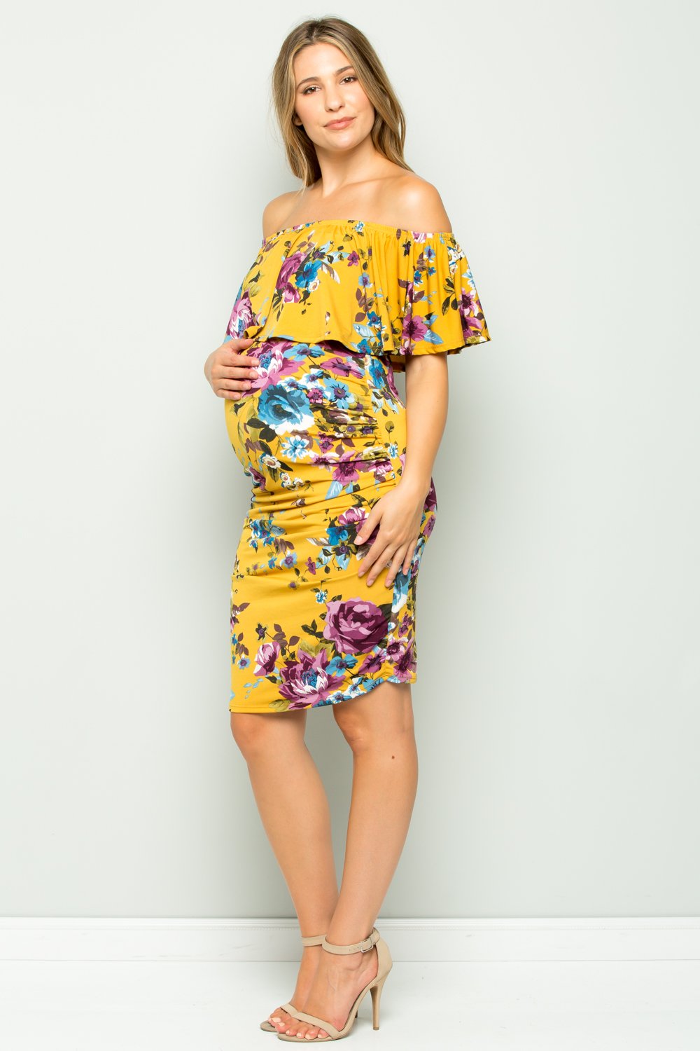 maternity pregnancy baby shower floral off shoulder ruffle neck above knee summer cocktail bodycon dress
