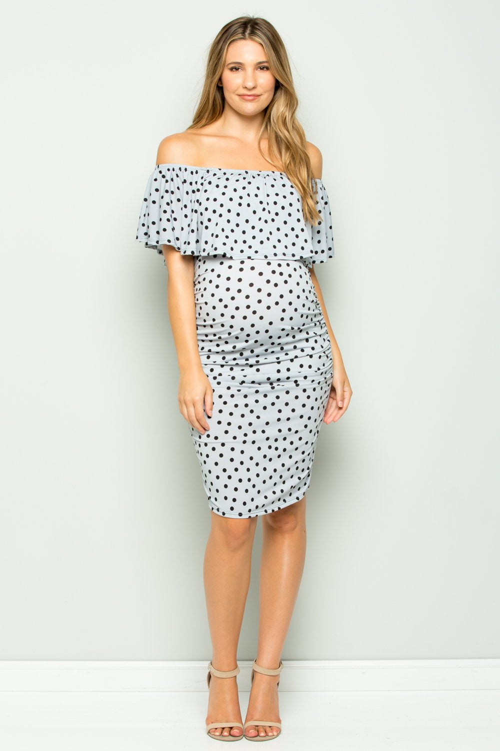 maternity pregnancy baby shower polka dot off shoulder ruffle neck above knee summer cocktail bodycon dress