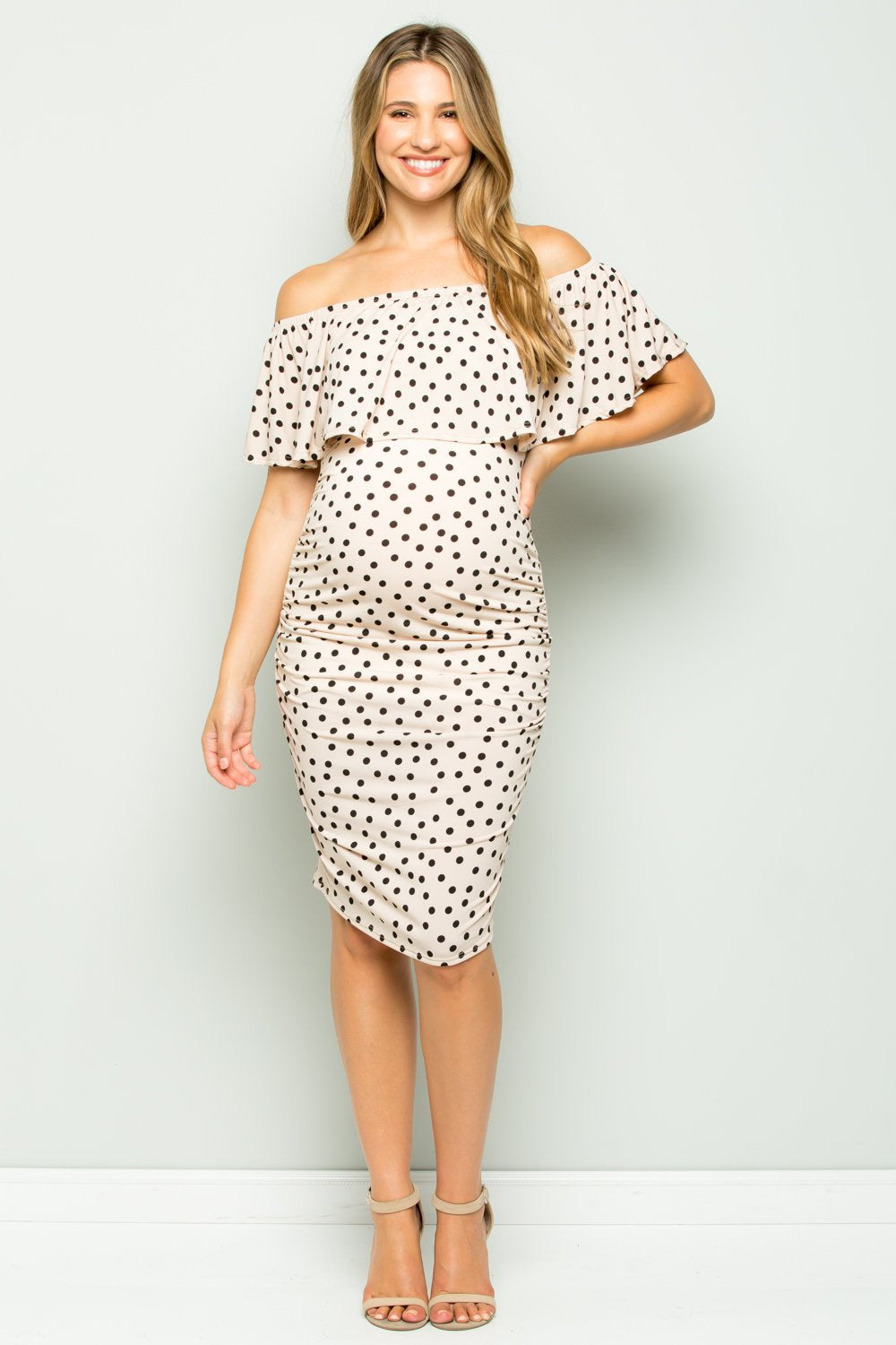 maternity pregnancy baby shower polka dot off shoulder ruffle neck above knee summer cocktail bodycon dress