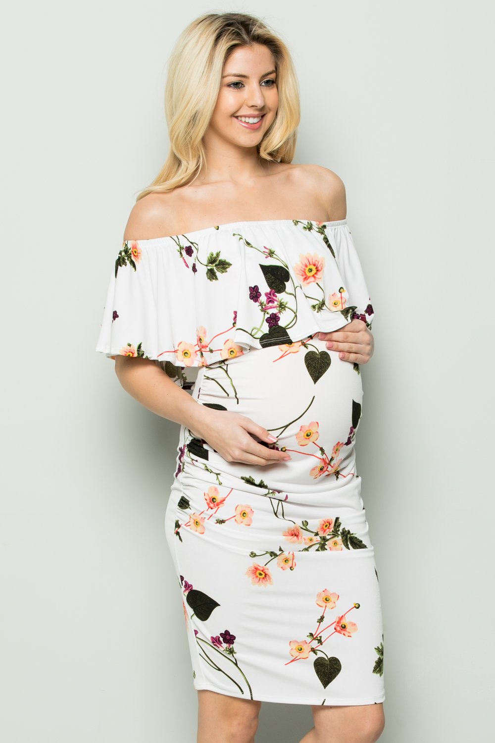 maternity pregnancy baby shower floral off shoulder ruffle neck above knee summer cocktail bodycon dress