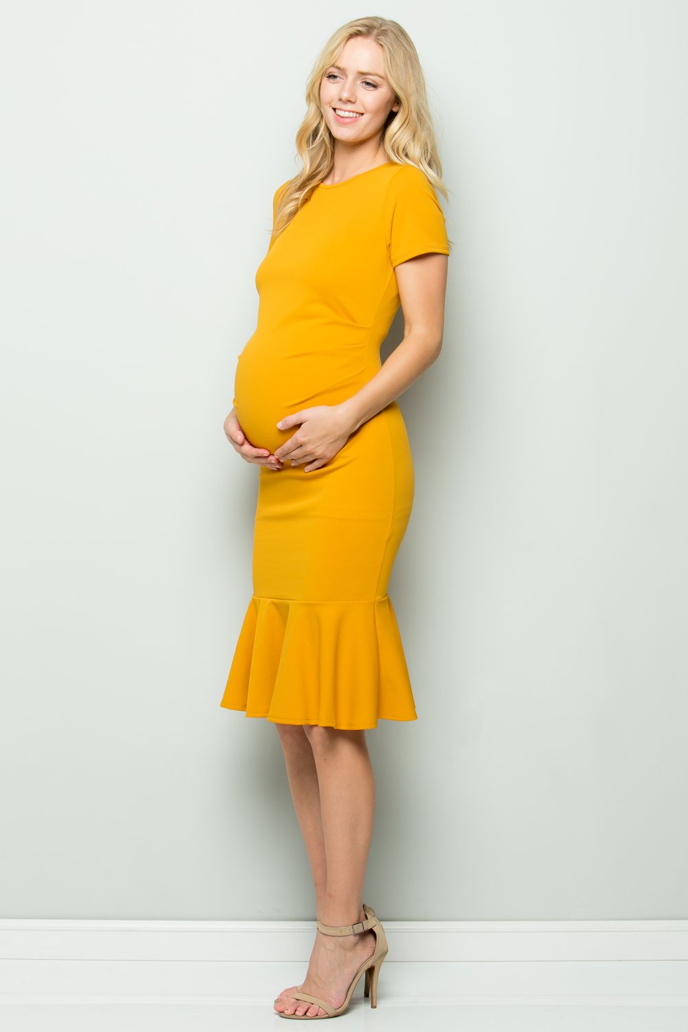 maternity pregnancy baby shower short sleeve round crewneck midi knee length summer cocktail mermaid bodycon dress