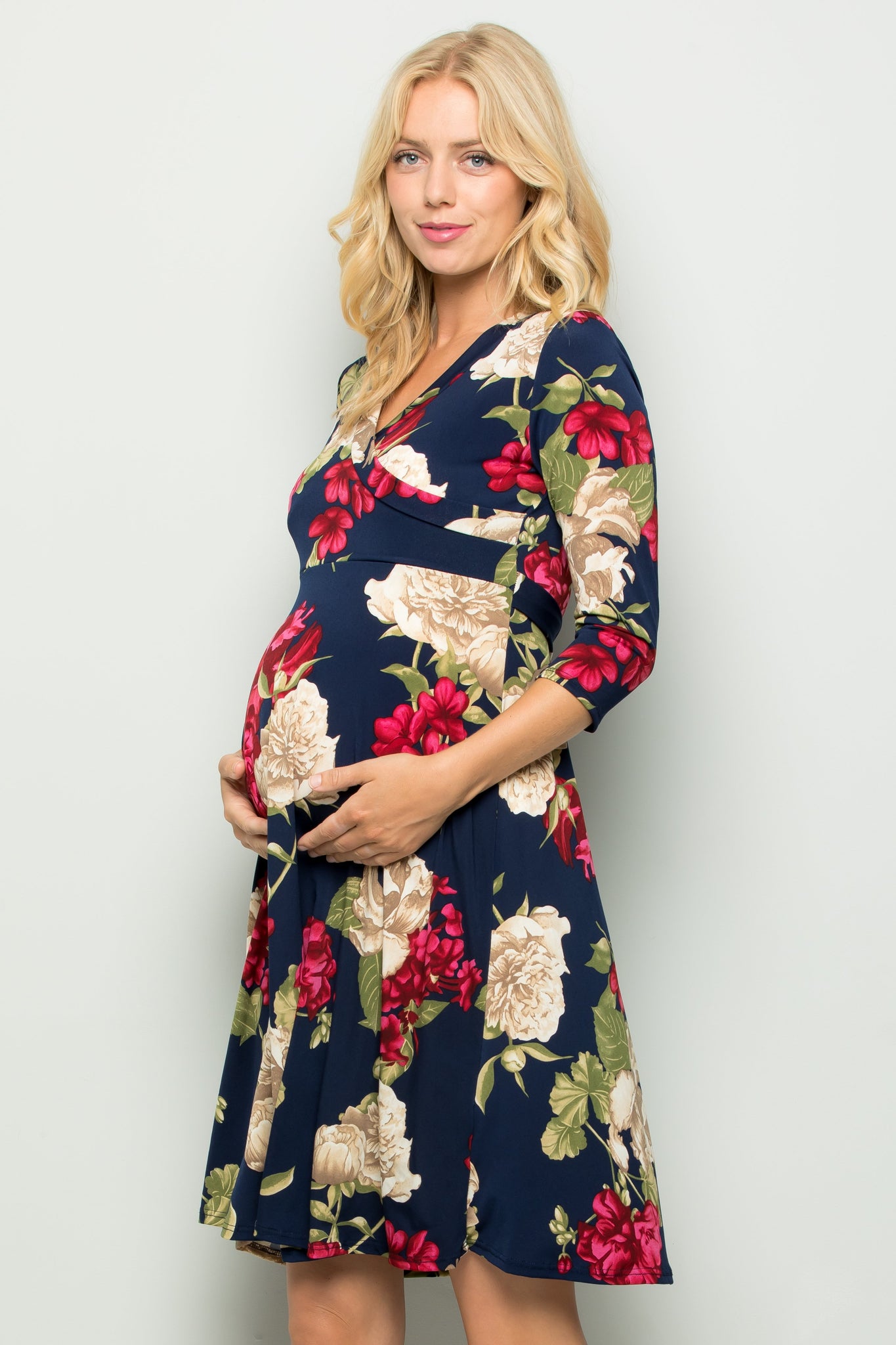 maternity pregnancy baby shower floral fit flare quarter sleeve surplice spring summer cocktail dress
