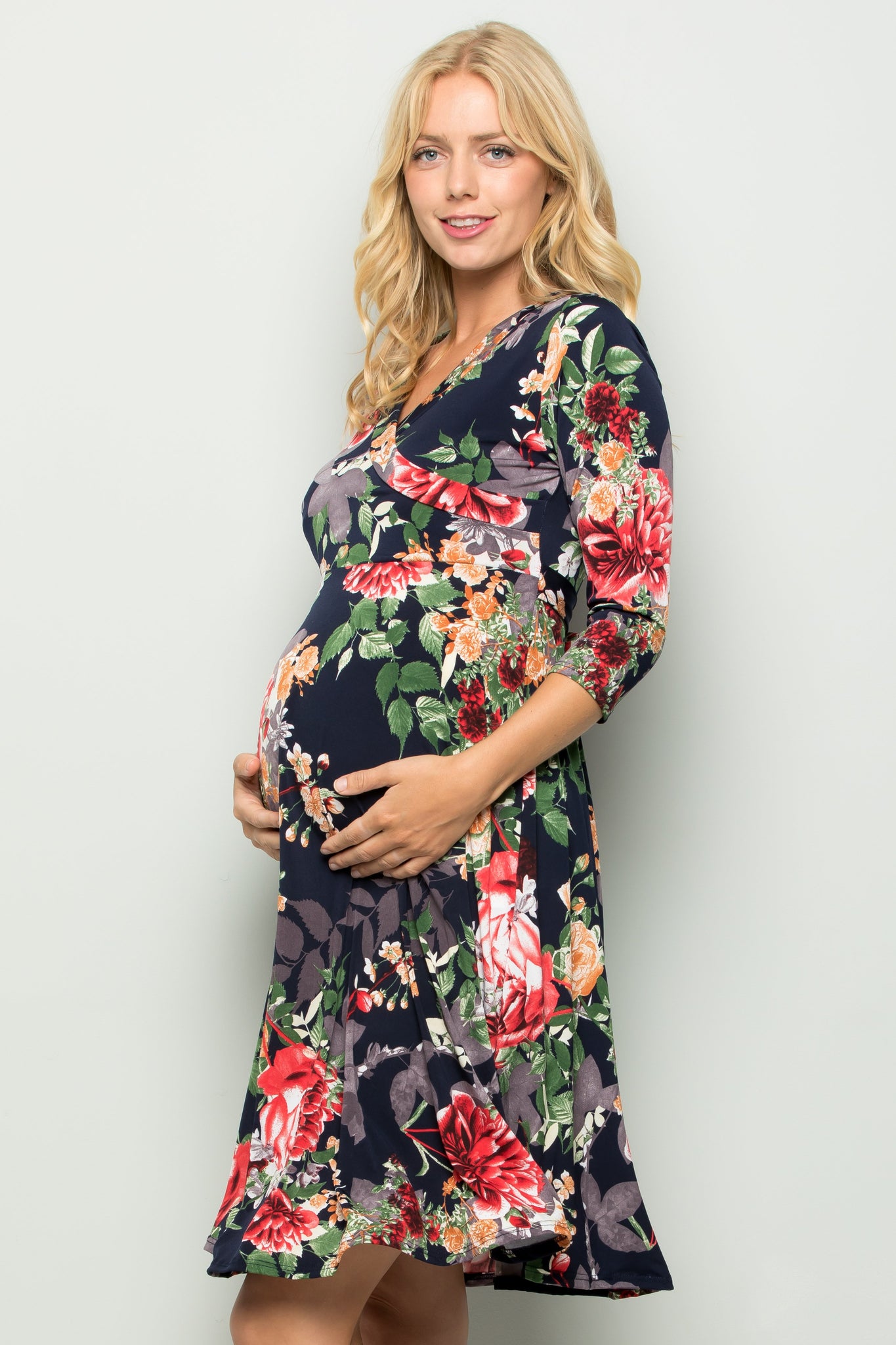 My Bump Floral 3/4 Sleeve Surplice Fit and Flare Maternity Dress