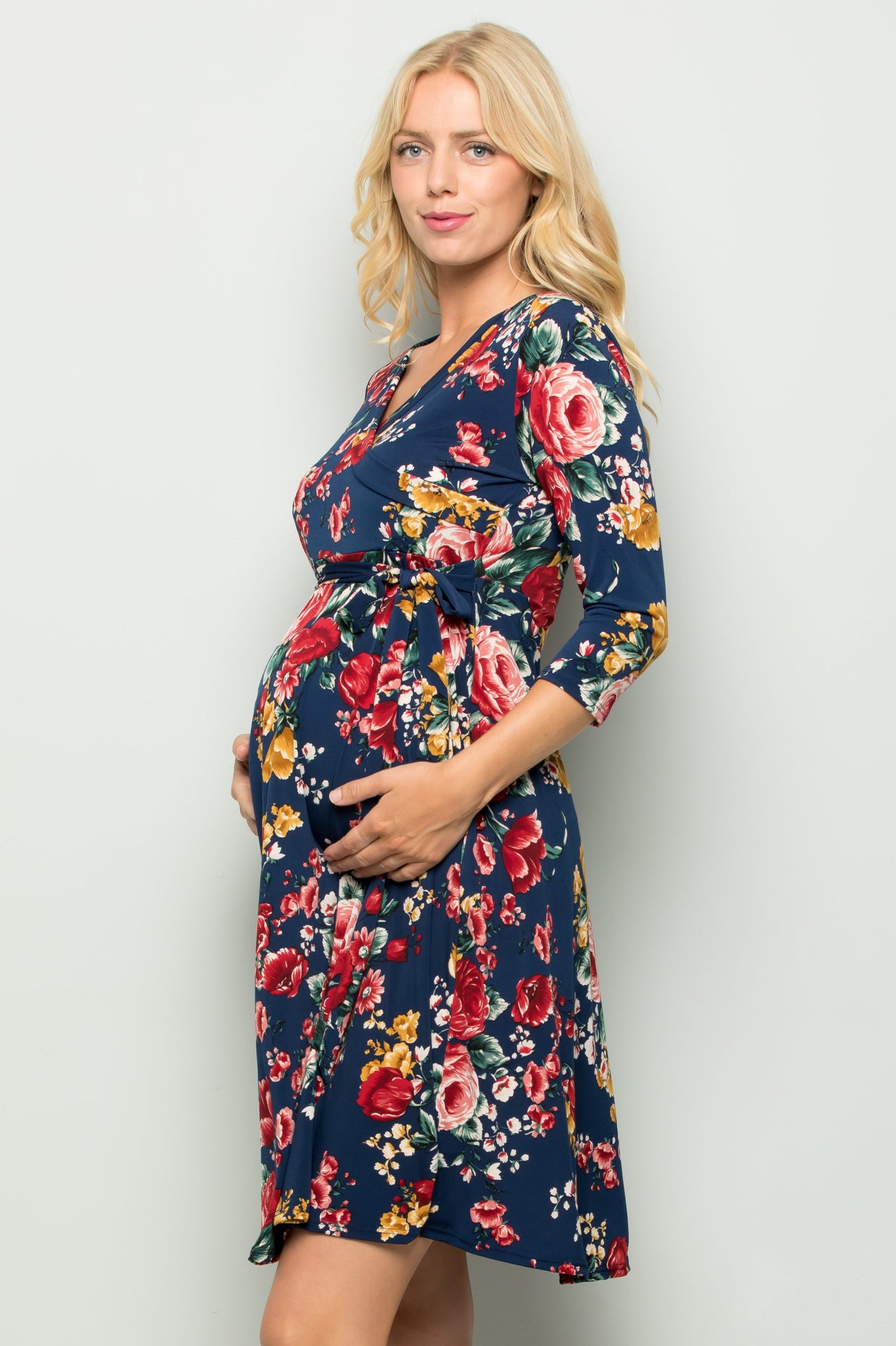 maternity pregnancy baby shower floral fit flare quarter sleeve surplice spring summer cocktail dress