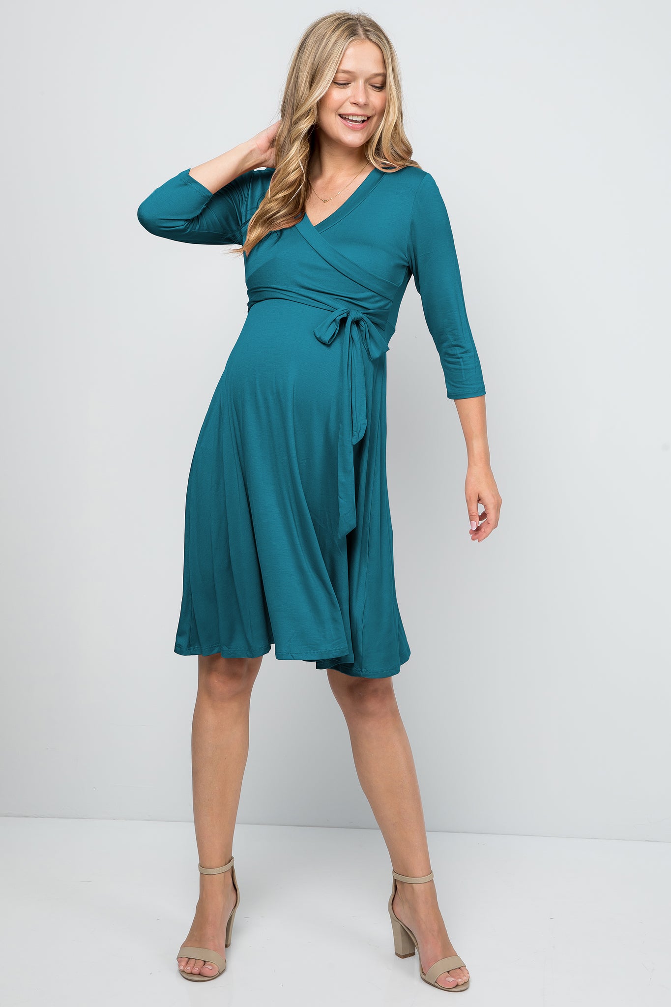 maternity pregnancy baby shower fit flare quarter sleeve surplice spring summer cocktail dress