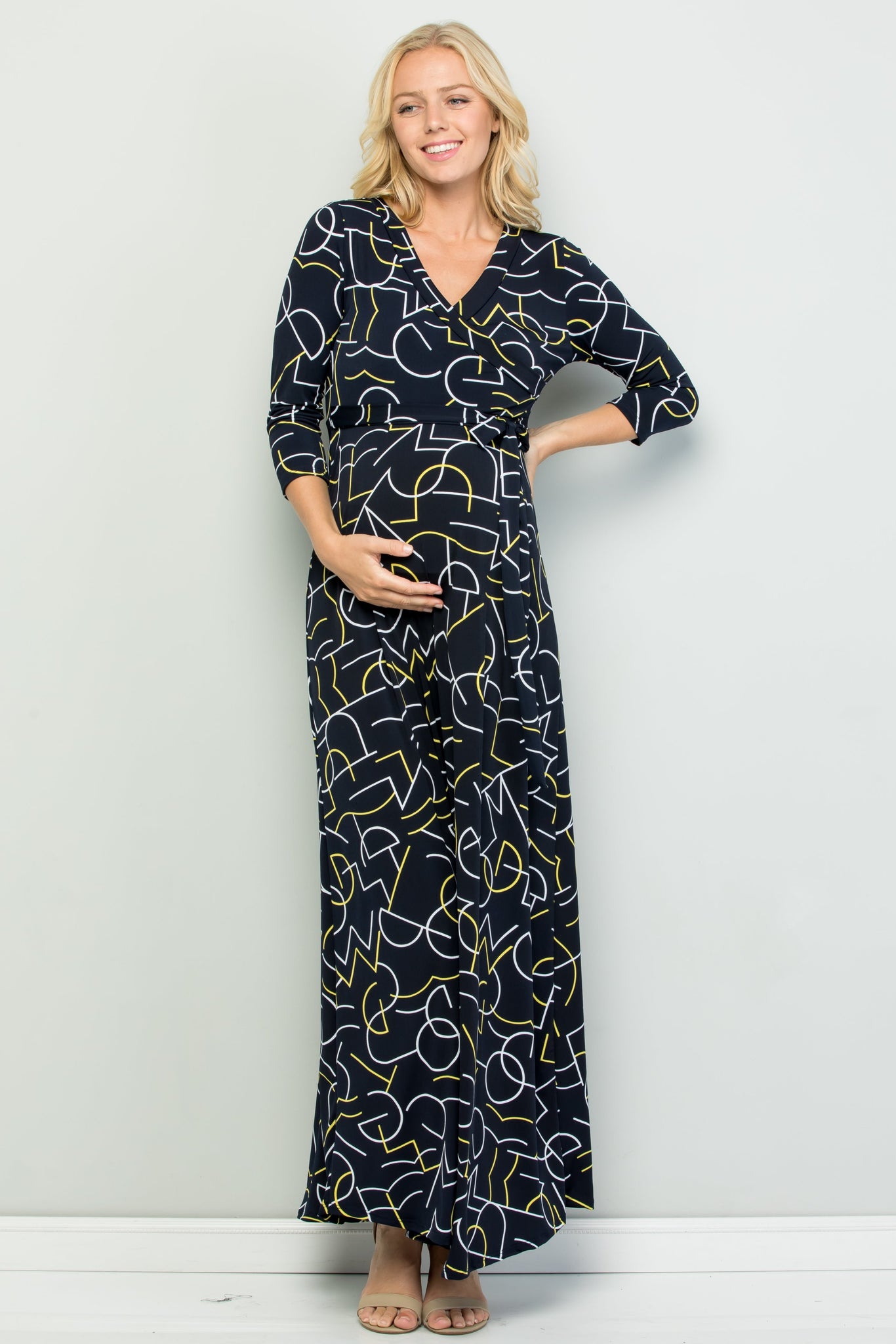 maternity pregnancy baby shower geometric relaxed quarter sleeve surplice spring summer cocktail maxi dress