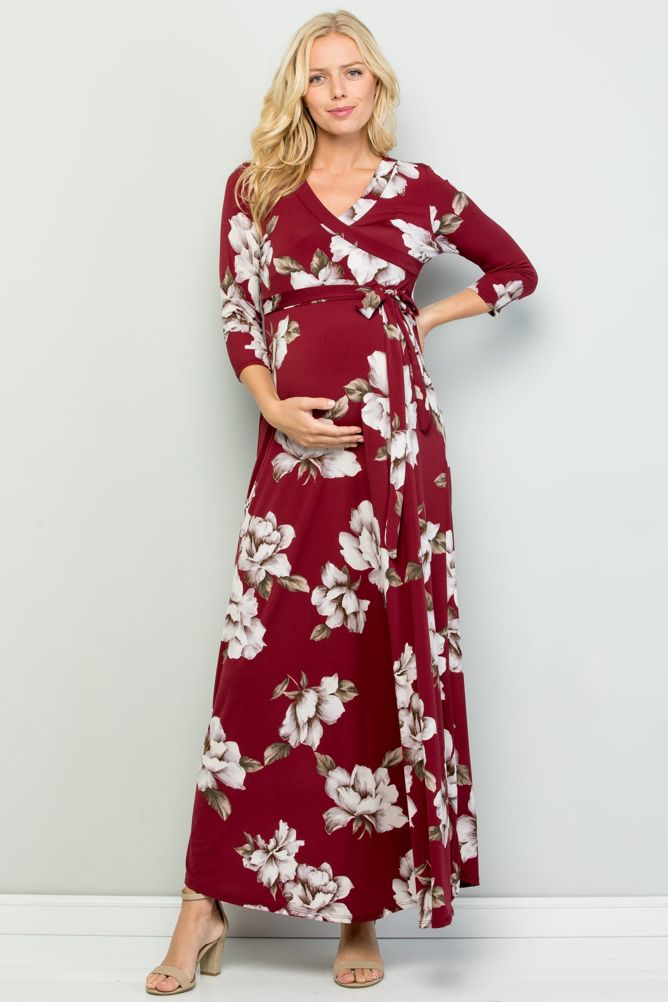 maternity pregnancy baby shower floral relaxed quarter sleeve surplice spring summer cocktail maxi dress