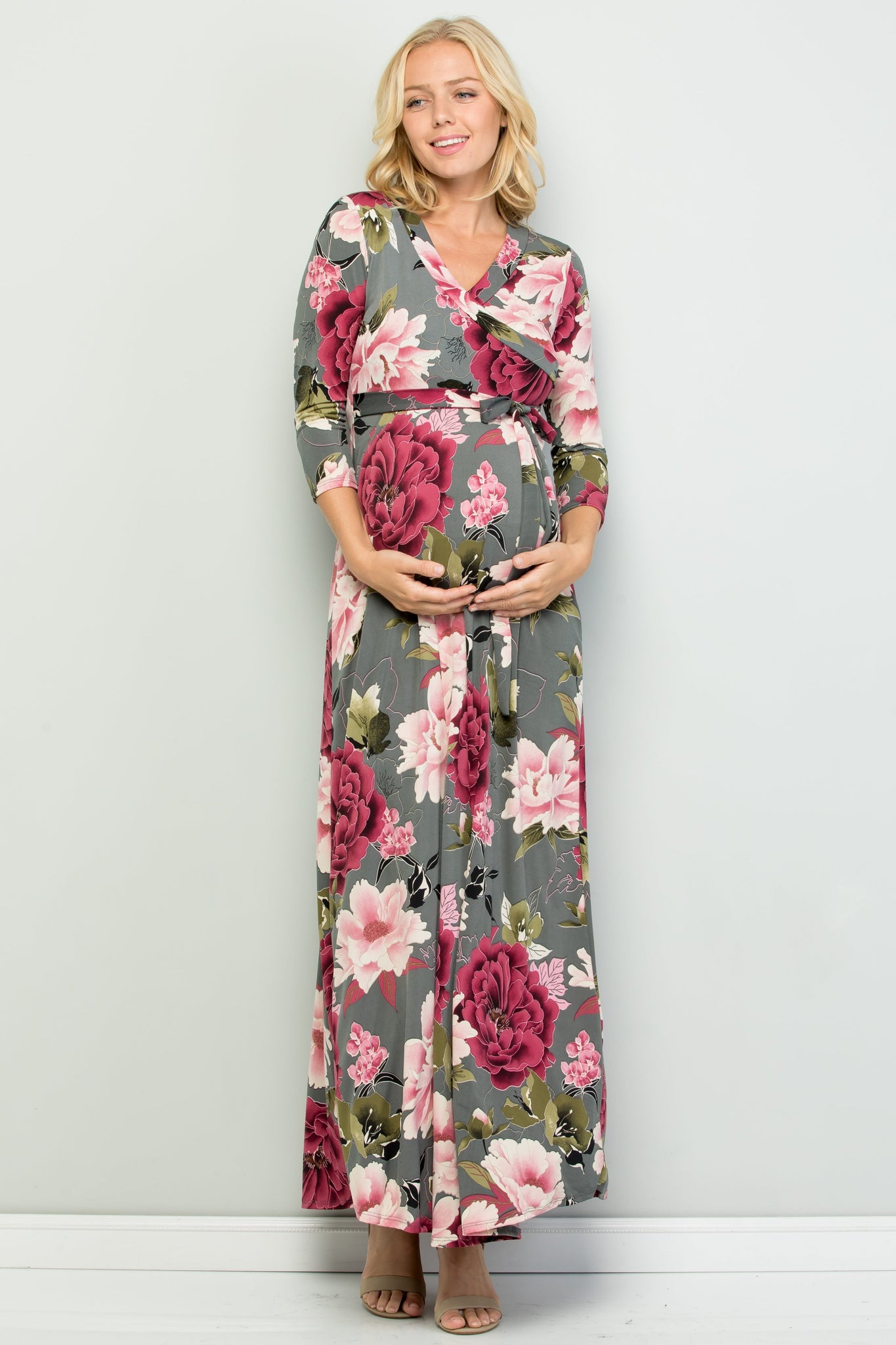 maternity pregnancy baby shower floral relaxed quarter sleeve surplice spring summer cocktail maxi dress
