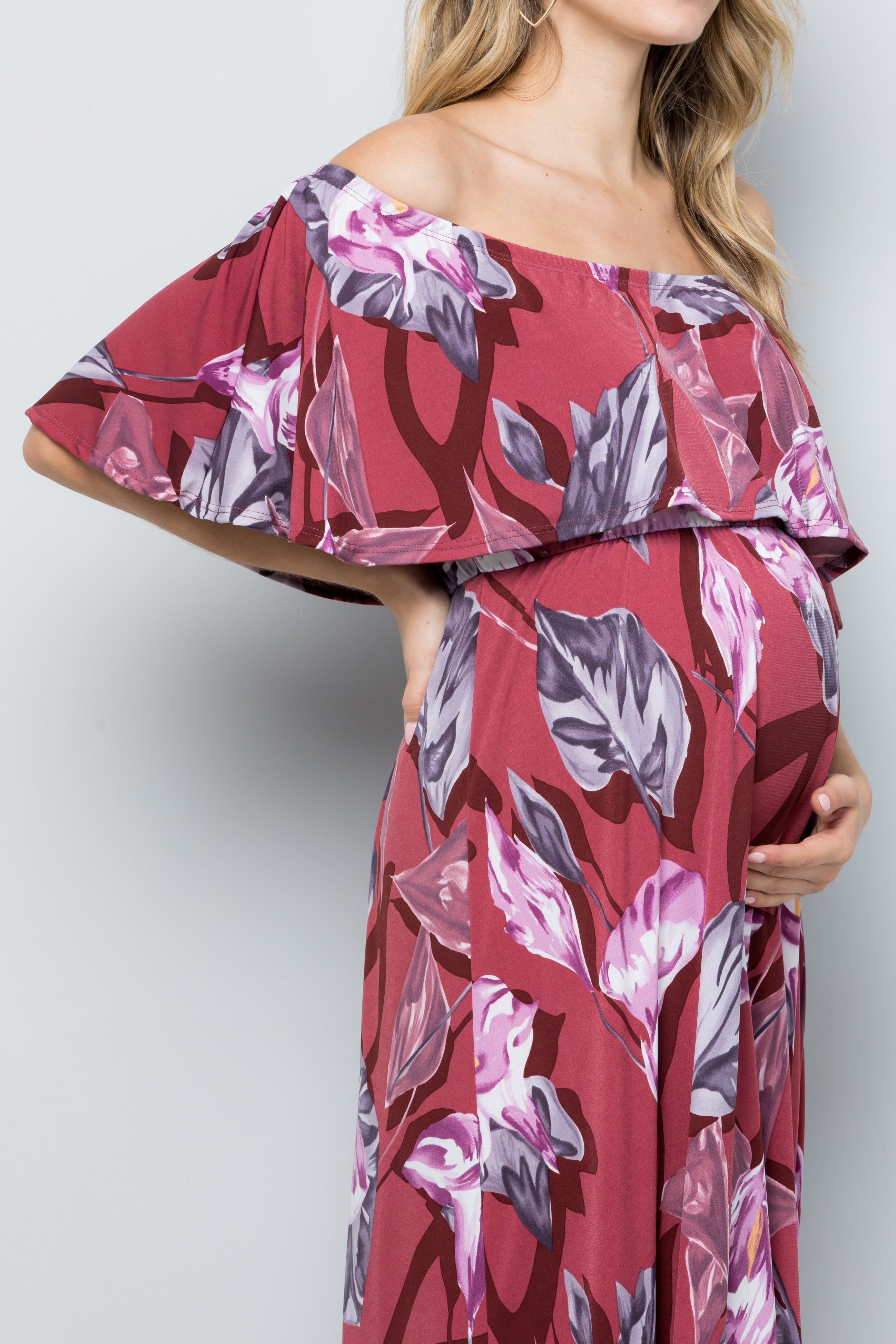 My Bump Floral Off Shoulder Ruffle Neck Maxi Maternity Dress