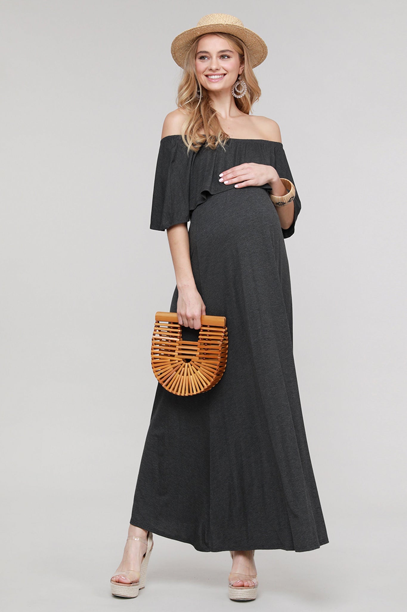 maternity pregnancy baby shower relaxed off shoulder spring summer cocktail maxi dress