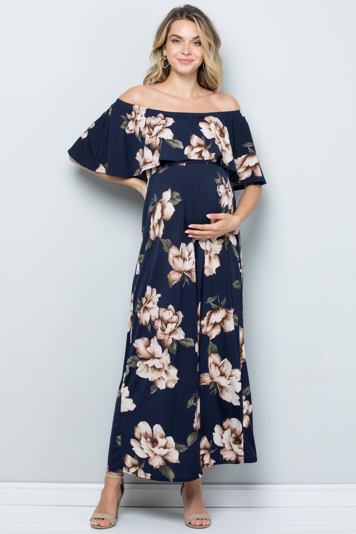 maternity pregnancy baby shower relaxed off shoulder spring summer cocktail maxi dress