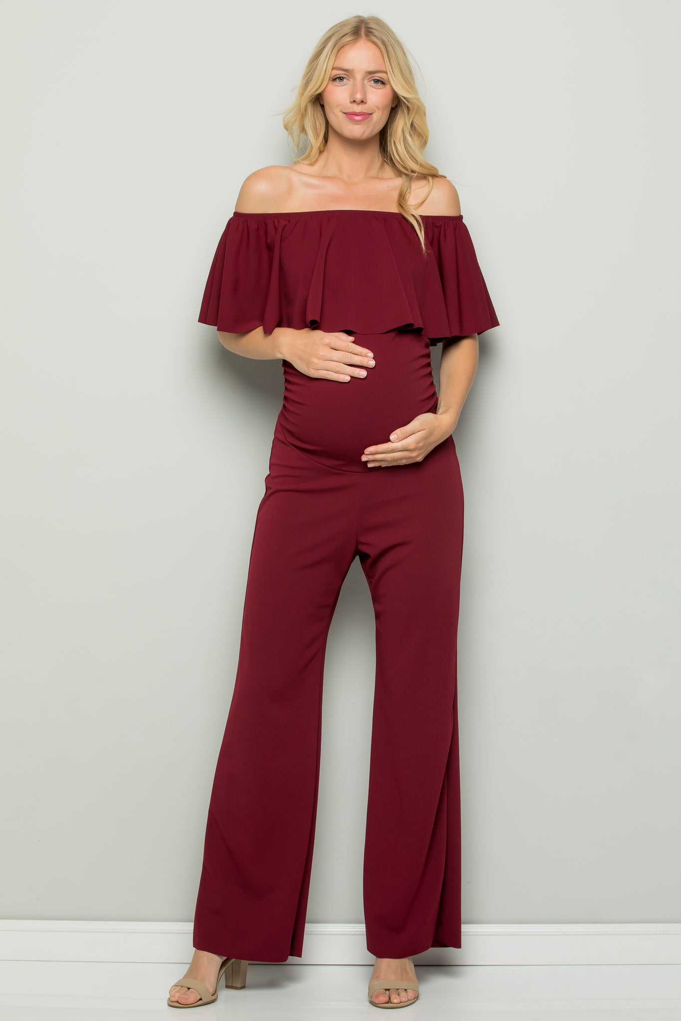 maternity pregnancy nursery wide leg off shoulder ruffle jumpsuit