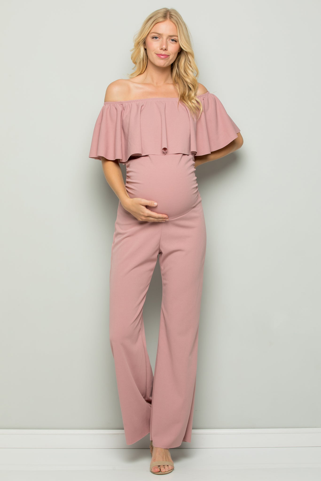maternity pregnancy nursery wide leg off shoulder ruffle jumpsuit
