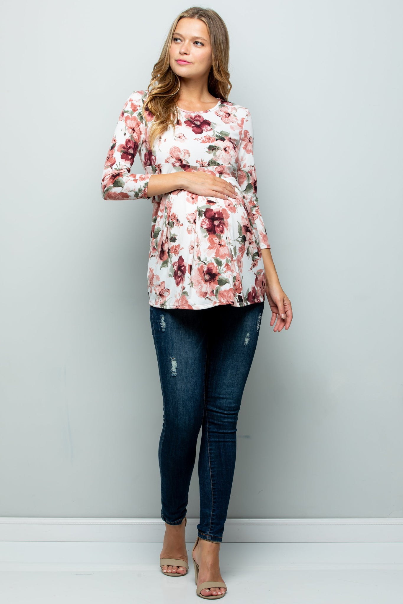 My Bump Floral 3/4 Sleeve Round Neck Pleated Maternity Top