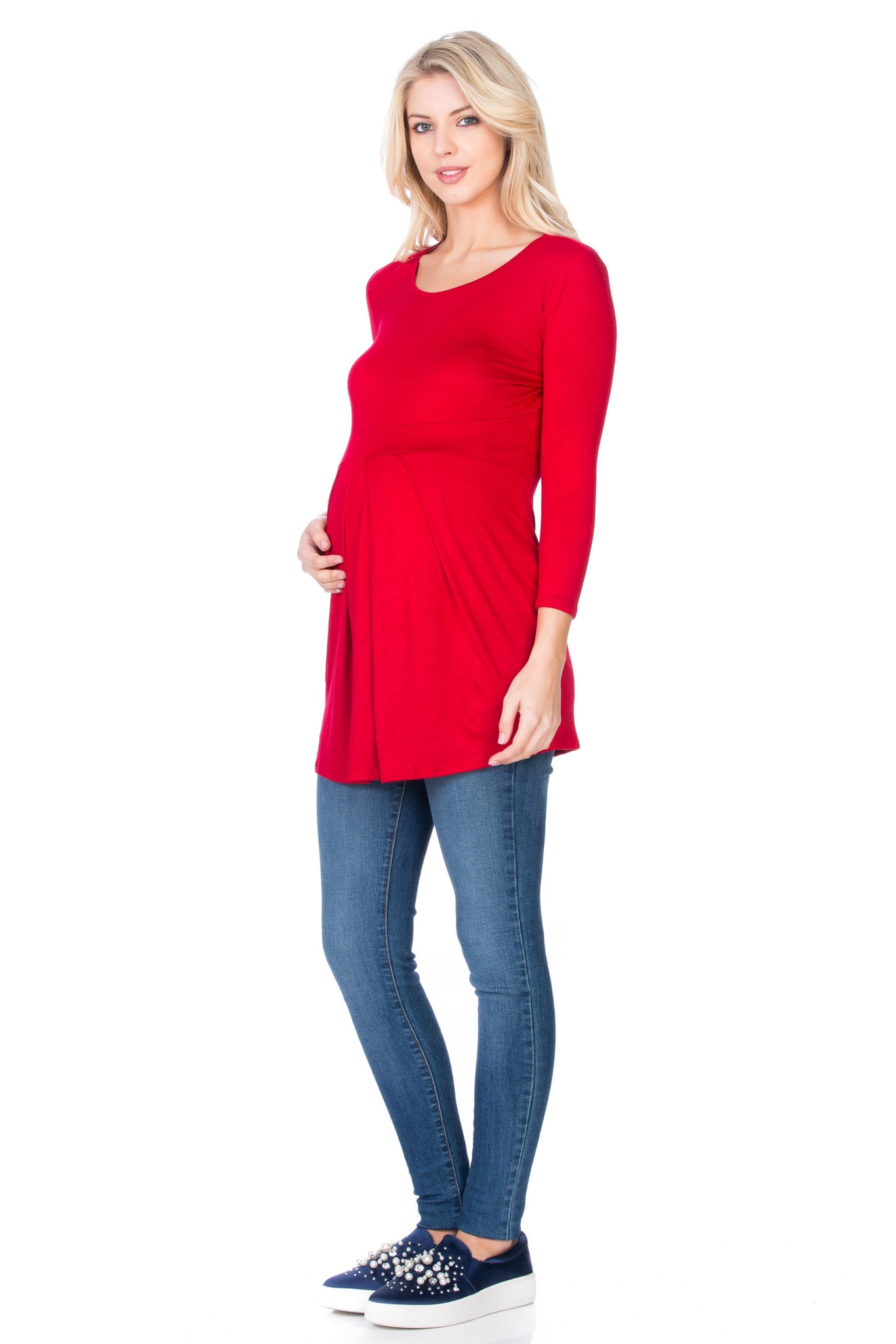 maternity pregnancy baby shower 3/4 long sleeve round neck crewneck pleated top shirt blouse
