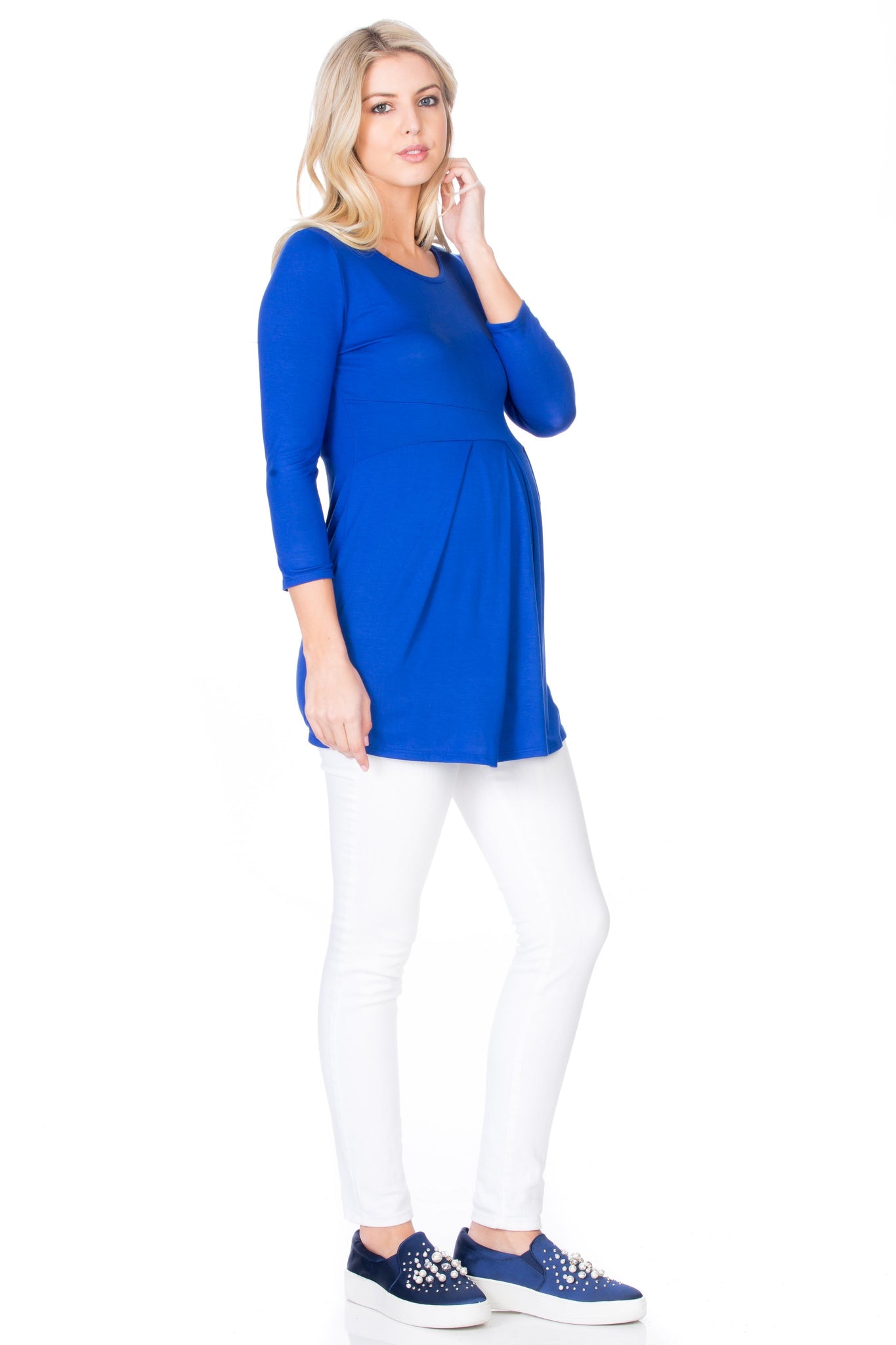 maternity pregnancy baby shower 3/4 long sleeve round neck crewneck pleated top shirt blouse