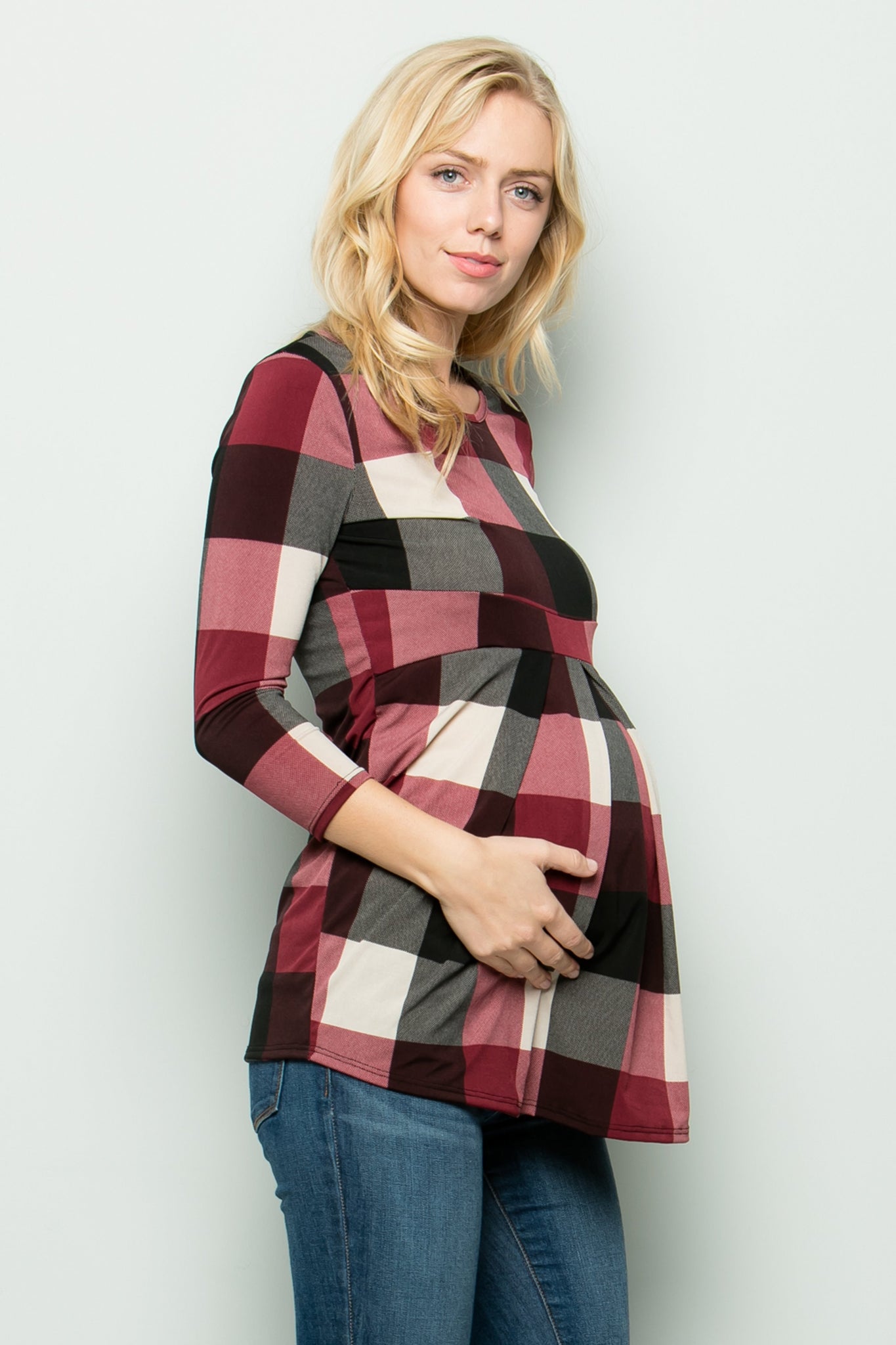 maternity pregnancy baby shower 3/4 long sleeve round neck crewneck pleated top shirt blouse