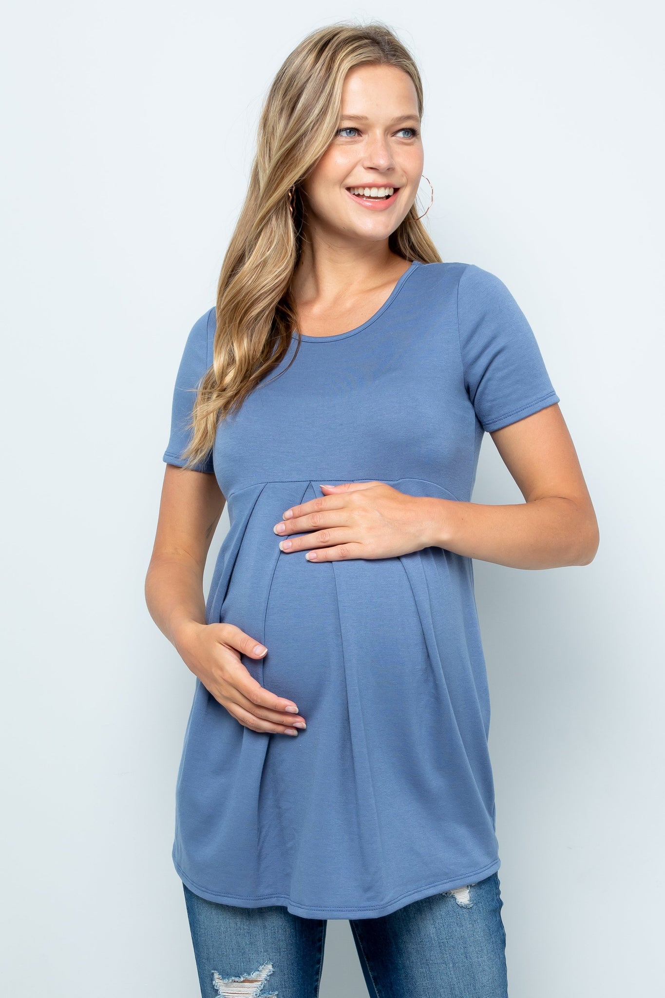 maternity pregnancy baby shower short sleeve round neck crewneck pleated top shirt blouse