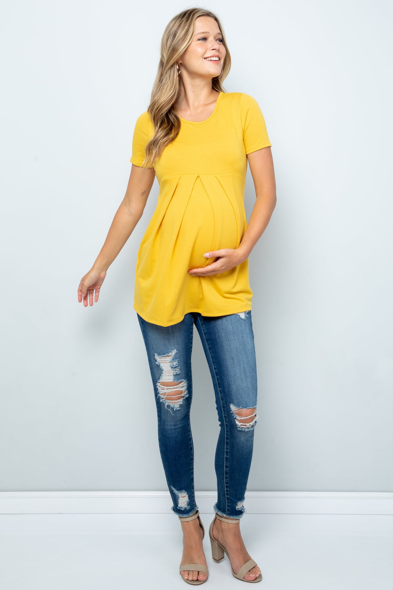 maternity pregnancy baby shower short sleeve round neck crewneck pleated top shirt blouse