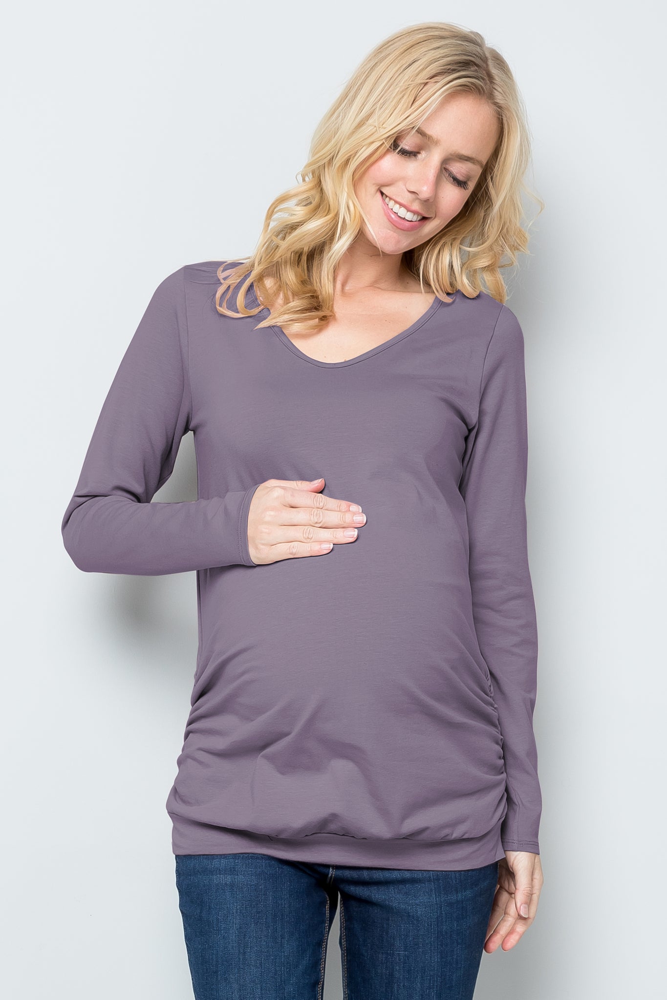 maternity pregnancy baby shower long sleeve v neck ruched top shirt blouse